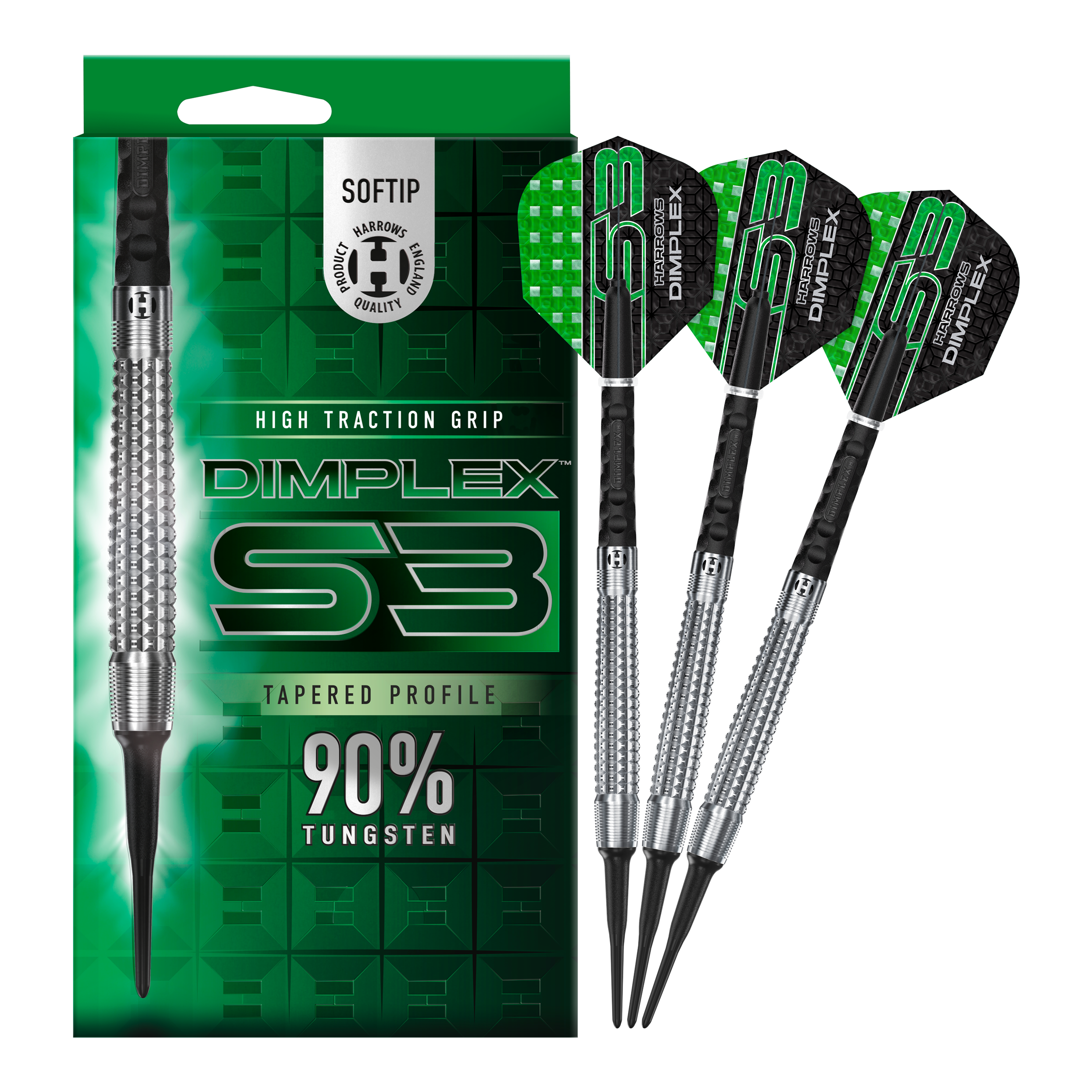 Šipky Harrows Dimplex S3 Tapered Soft Das Bild zeigt eine Packung und drei Softdarts der Marke "Harrows Dimplex S3 Tapered". Die Darts bestehen zu 90 % aus Tungsten und haben eine hohe Grifftraktion.