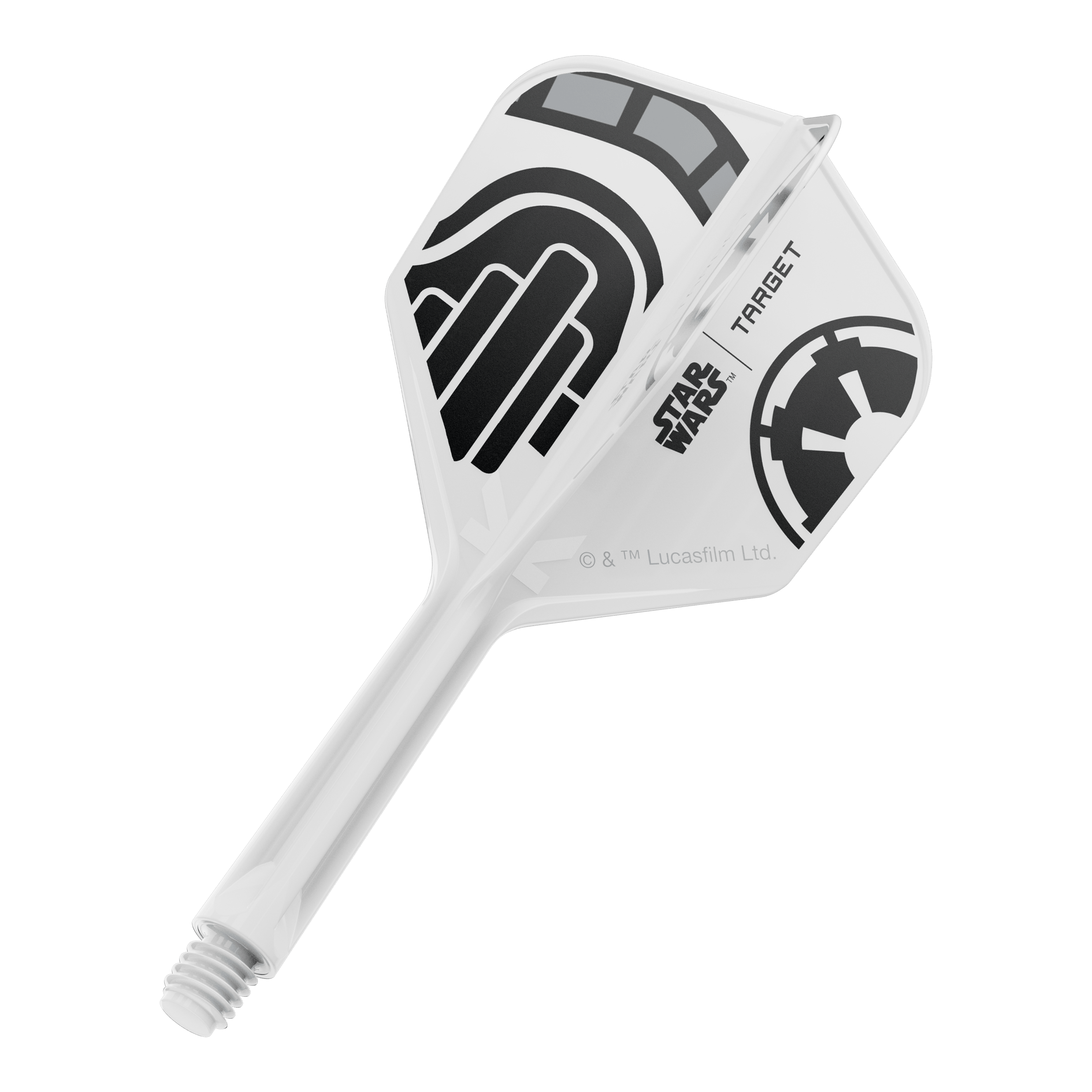 Letky Target Star Wars K-Flex Stormtrooper č. 6 Ein Dart-Flight aus der Star Wars KFlex Stormtrooper No6 Serie ist auf dem Bild. Der Flight ist intermediate und misst 26 mm.