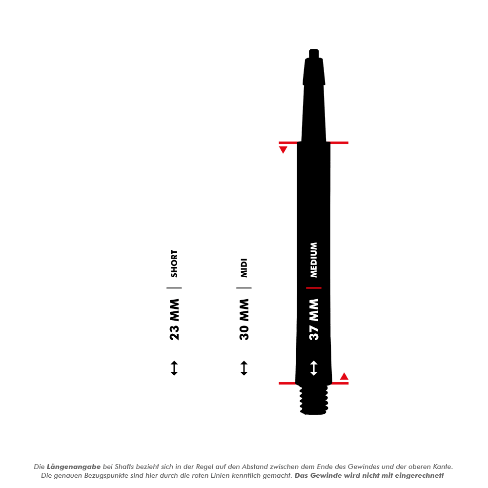 HRC12619_Harrows_Clic_Standard_Shafts_5_37mm Das Bild zeigt die Harrows Clic Standard Shafts in Schwarz in drei verschiedenen Längen. Die Längen sind 23 mm (Short), 30 mm (Midi) und 37 mm (Medium).