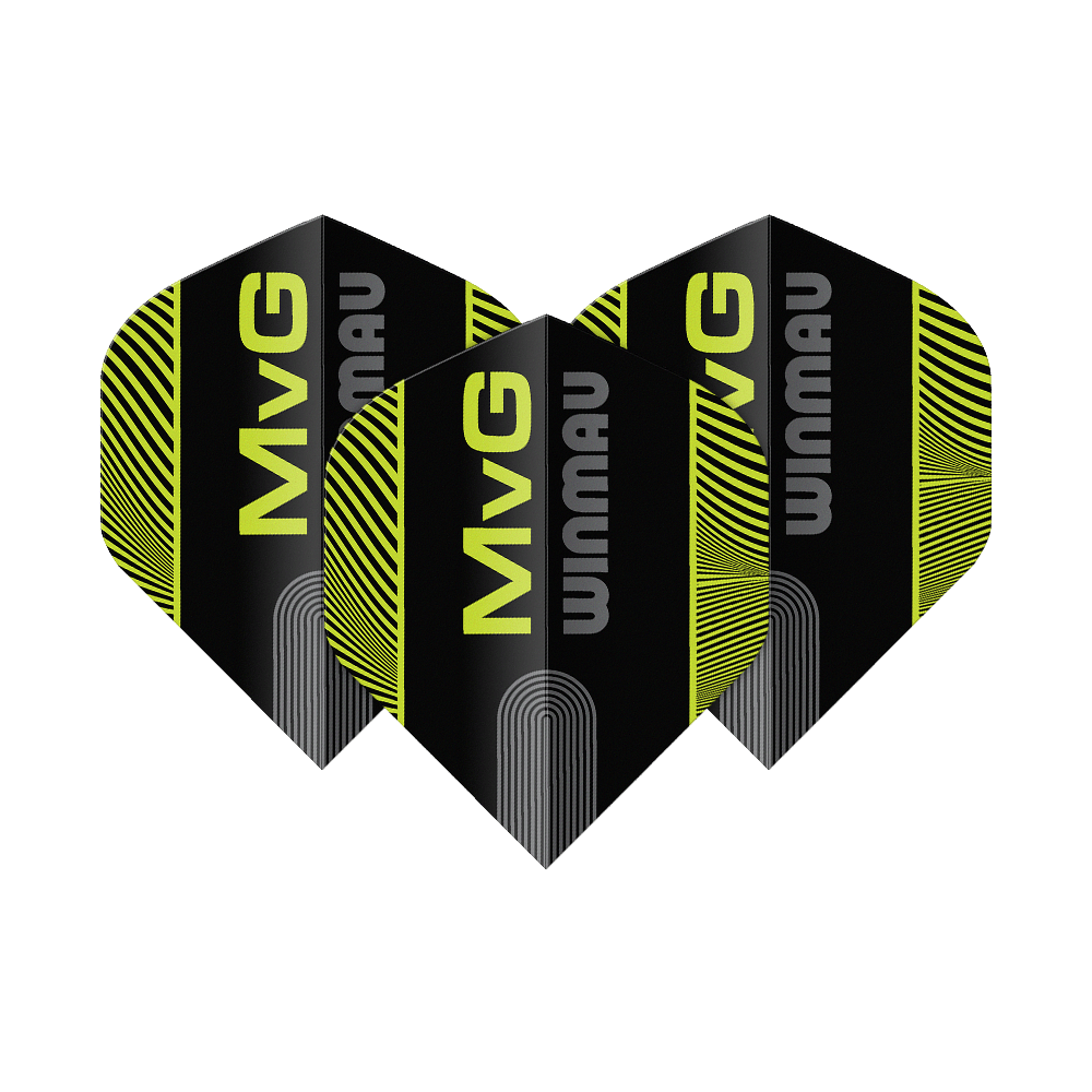 Letky Winmau Prism Delta MvG Black Green Text No2 Standard Das Bild zeigt die Winmau Prism Delta MvG Black Green Text No2 Standard Flights. Es handelt sich um Dart-Flights in Schwarz und Grün mit Text-Design.