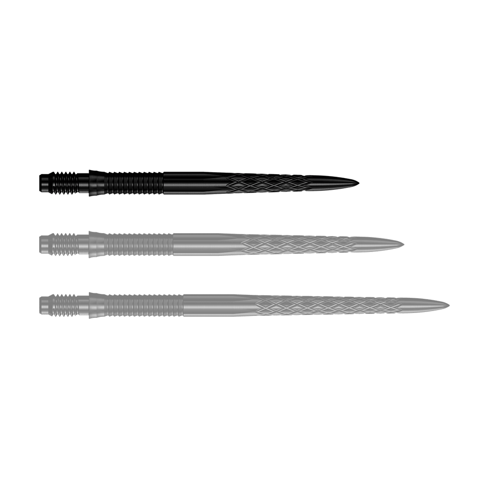 Špičky na šipky Mission R2.5 Rapid Point DSX - černé Das Bild zeigt eine Reihe von schwarzen Dartspitzen mit der Bezeichnung 30mm. Die Spitze ist für den Einsatz in Darts geeignet.