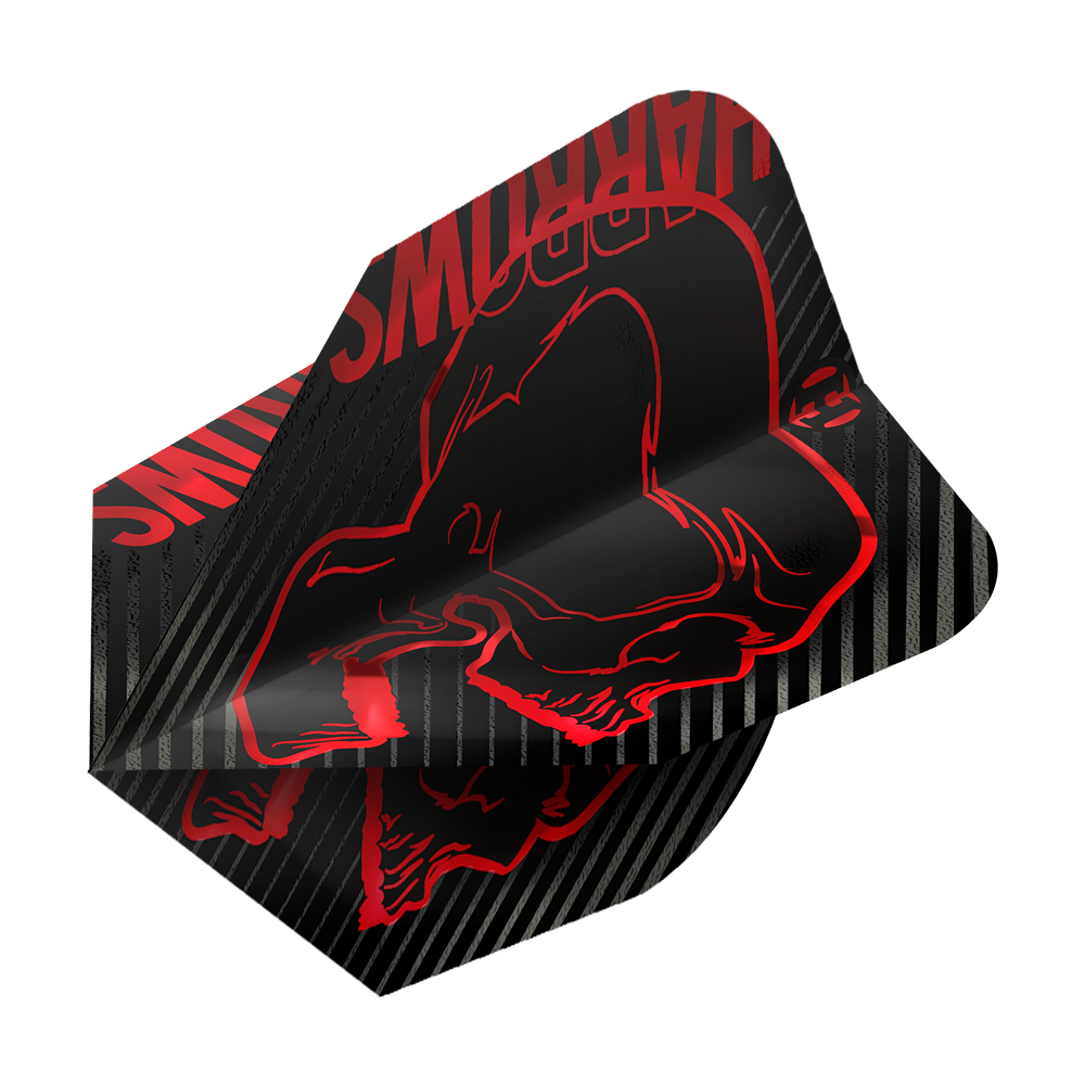 Letenky Harrows Rage Red No6 Das Bild zeigt das Produkt "Harrows Rage Red No6 Flights". Die Flights sind schwarz mit roten Grafiken und Streifen verziert.