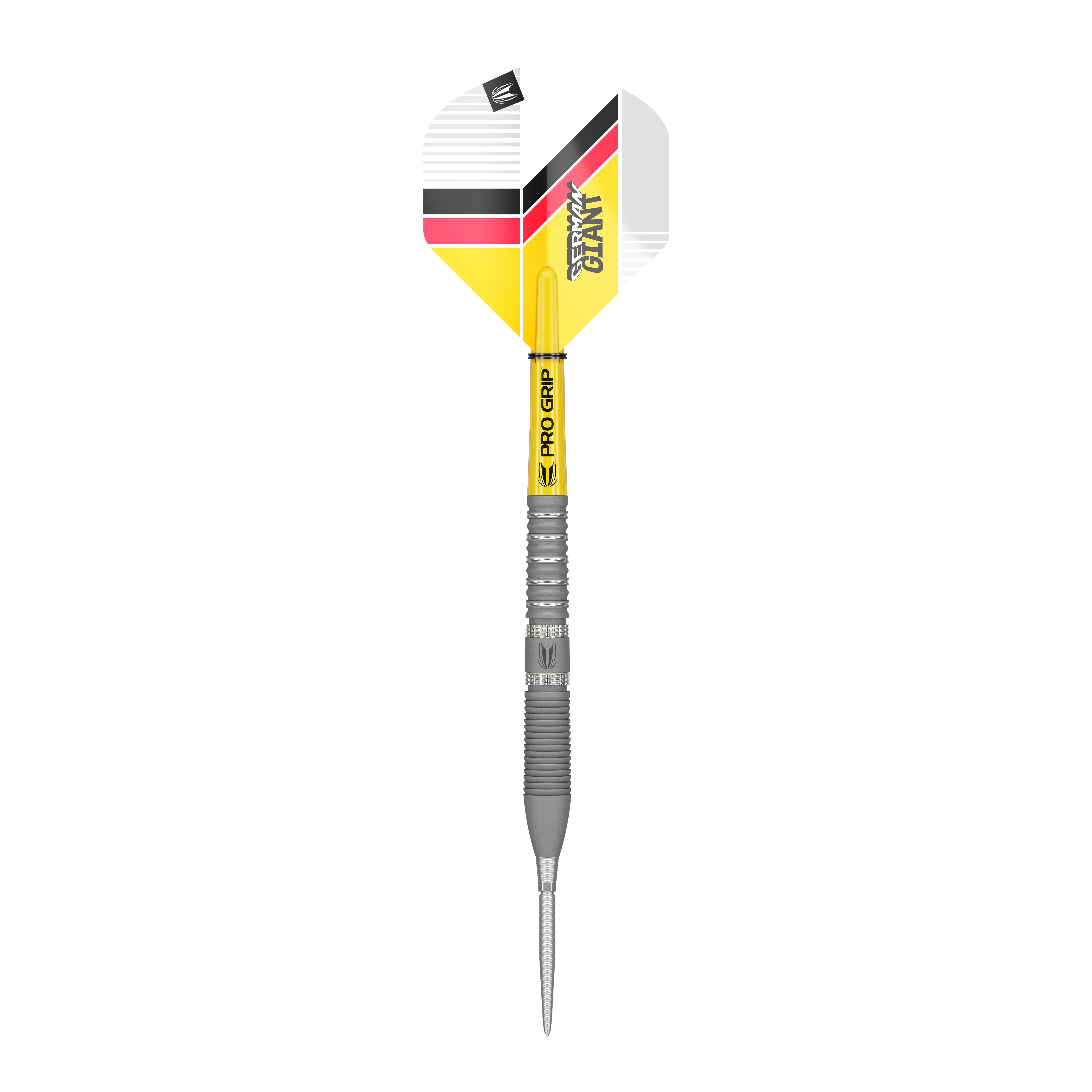 Ocelové šipky Target Gabriel Clemens GEN2 Swiss Point Das Bild zeigt einen Target Gabriel Clemens GEN2 Swiss Point Steeldart. Der Dart hat eine silberne Spitze und Schaft sowie gelbe, schwarze und rote Akzente auf dem Flight.
