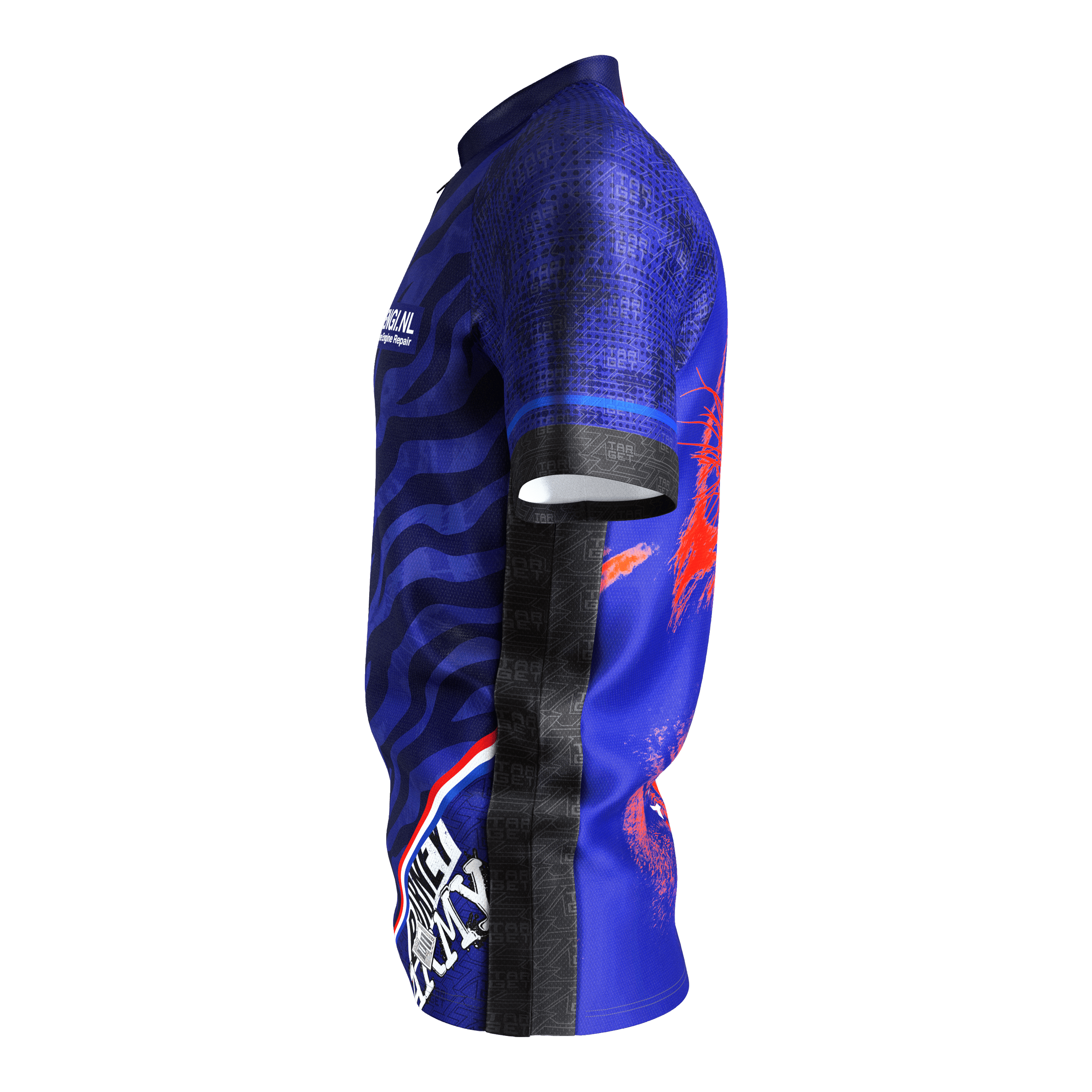 Šipková košile Target Coolplay Raymond Van Barneveld 2025 Das Bild zeigt das Target Coolplay Raymond Van Barneveld 2025 Dartshirt. Das Shirt ist überwiegend blau mit schwarzen und roten Akzenten und auffälligem Design.