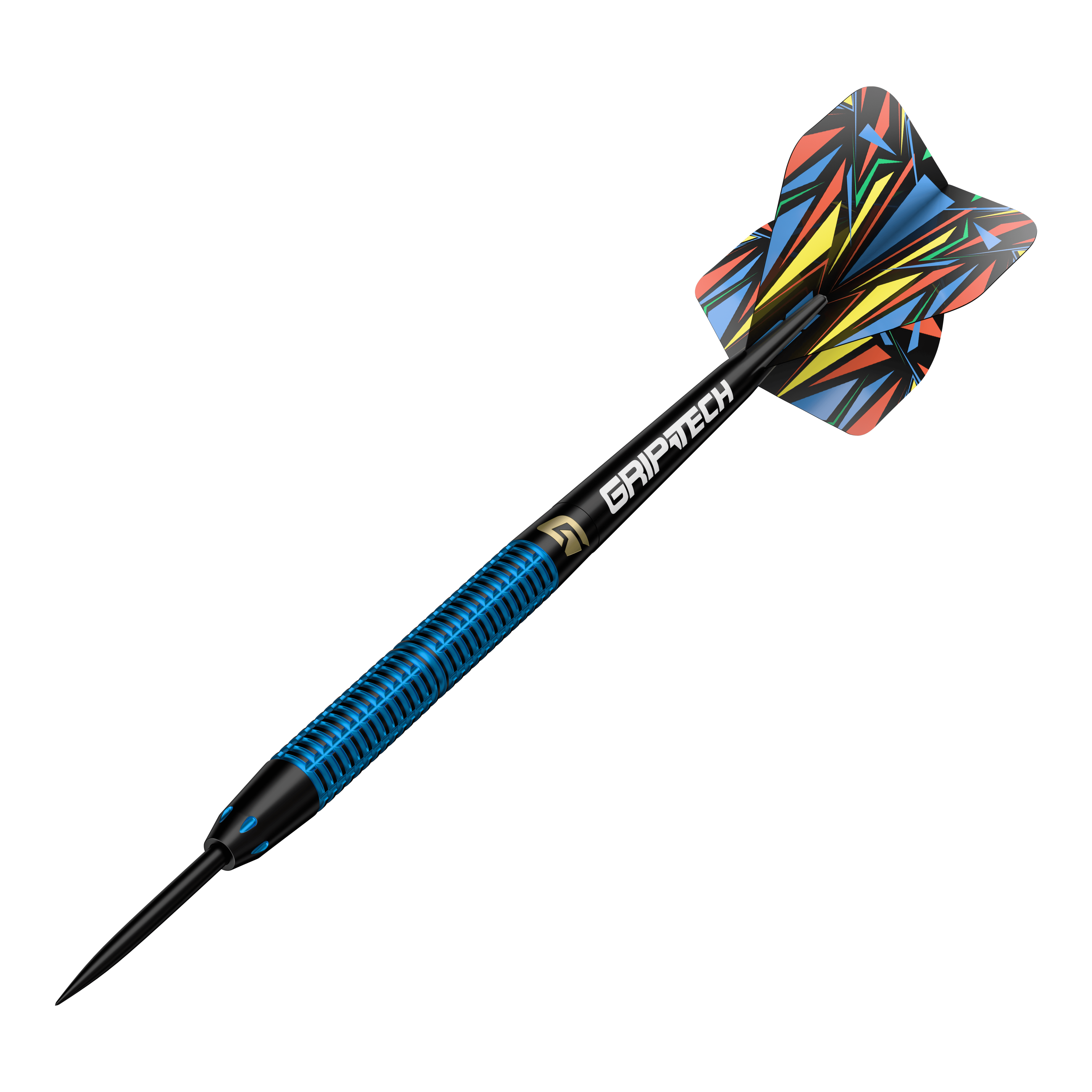 Steeldarts GOAT Athlete modré mosazné - 12g Dies ist der GOAT Athlete Blue Brass Steeldart mit einem Gewicht von 12g. Er hat ein auffälliges, bunt gemustertes Flight und einen blau-schwarzen Schaft mit der Aufschrift "GRIPTECH".