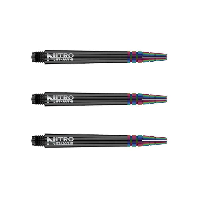 C608_Nitro_Ionic_Medium_Black_Shafts Das Bild zeigt drei schwarze RedDragon Nitrotech Ionic Shafts, die nebeneinander angeordnet sind. Am vorderen Ende der Shafts sind bunte, metallicfarbene Akzente zu sehen.