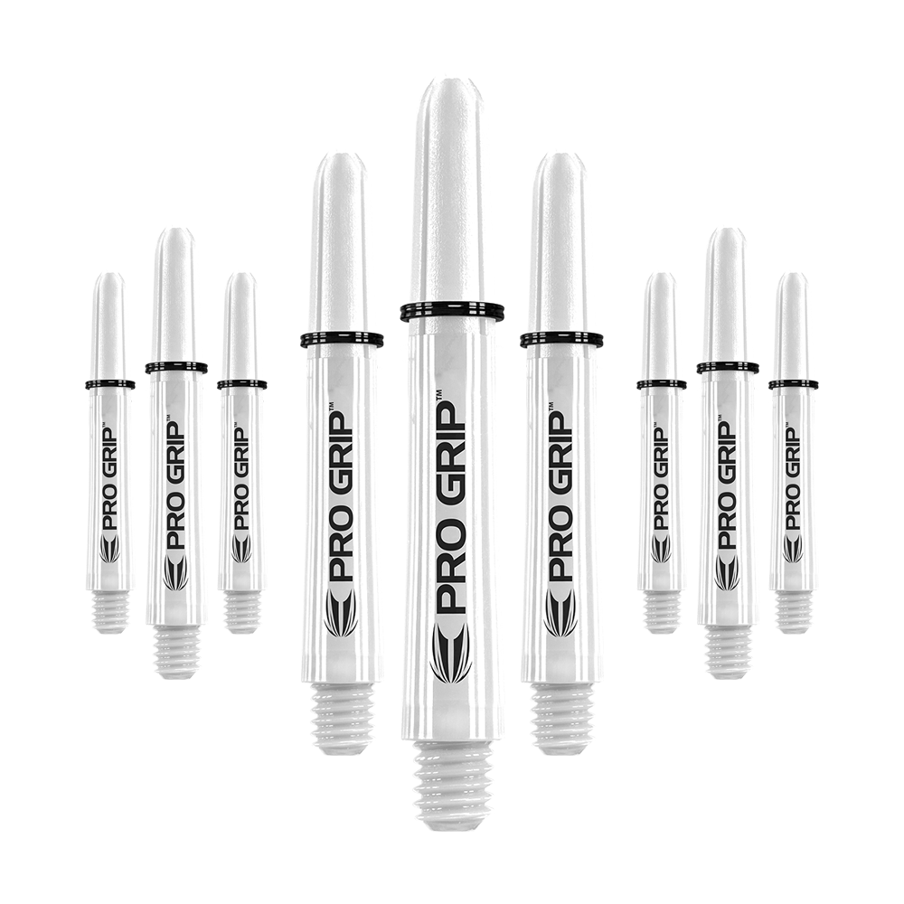 Target Pro Grip Shafts – 3 sady – White Auf dem Bild sind neun weiße Dart-Schäfte mit der Aufschrift "Pro Grip" abgebildet. Sie sind gleichmäßig angeordnet und wirken hochwertig verarbeitet.