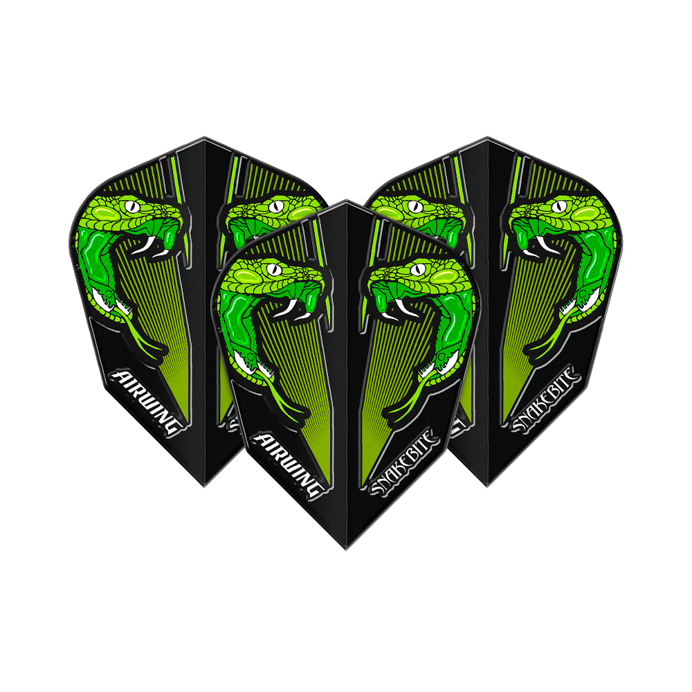 Red Dragon Airwing Peter Wright Green V-Standard lety Das Bild zeigt drei Dartflights mit einem auffälligen grünen Schlangenkopf-Design. Auf den Flights steht "AIRWING" und "SNAKEBITE".