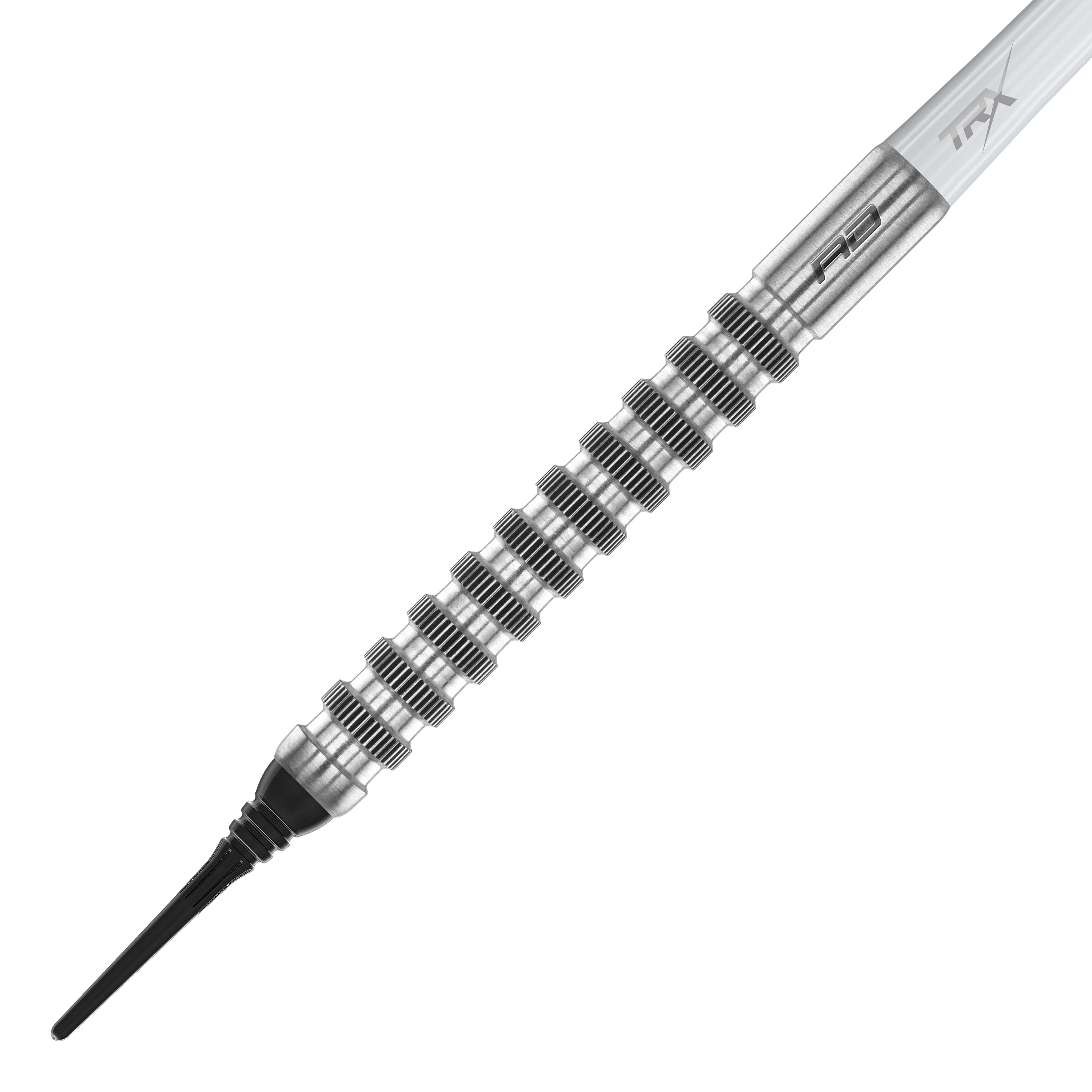 Šipky Red Dragon Javelin Speedline Soft - 20g Das Bild zeigt einen Red Dragon Javelin Speedline Softdart mit einem Gewicht von 20g. Der Dart hat ein silbernes, geriffeltes Barrel und eine schwarze Softspitze.