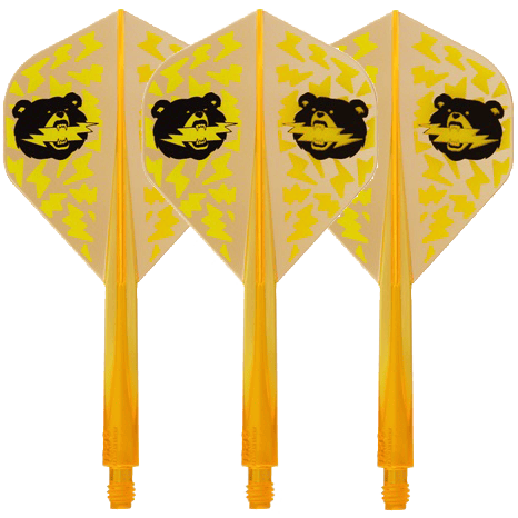 Letka Condor Ax Black Bear Miyu Miyawaki, neonově oranžová - standardní Das Bild zeigt vier neonorange Dartflights mit gelbem Blitzmuster und einem schwarzen Bärenkopf darauf. Die Flights sind in Standard-Form gestaltet und tragen den Namen "Condor Axe Black Bear Miyu Miyawaki".