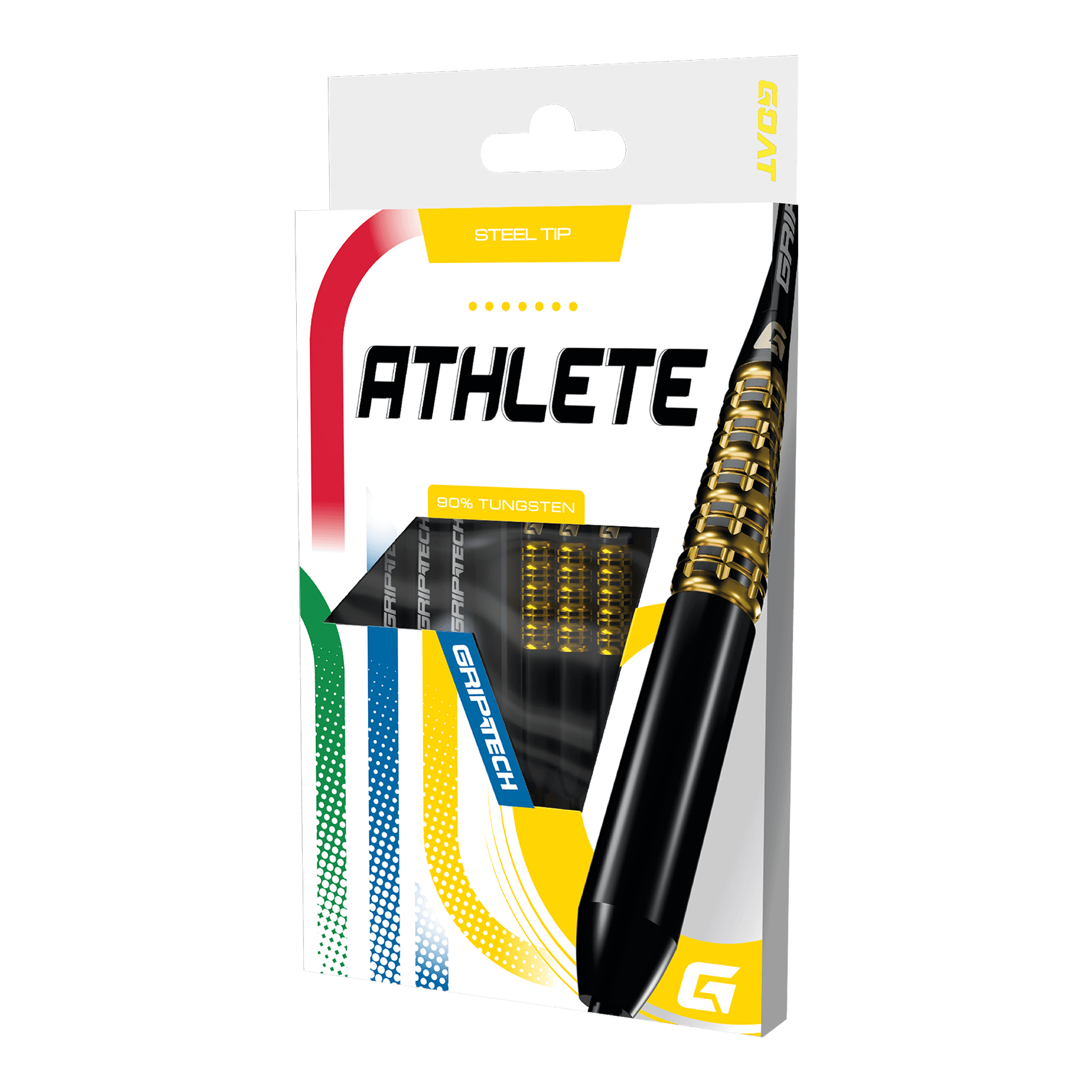 Šipky GOAT Athlete žluté wolframové oceli Das Foto zeigt einen gelben Tungsten-Steeldart. Das Produkt wird als 'GD7000770 GOAT Athlete Yellow Tungsten Steeldarts 3' bezeichnet.