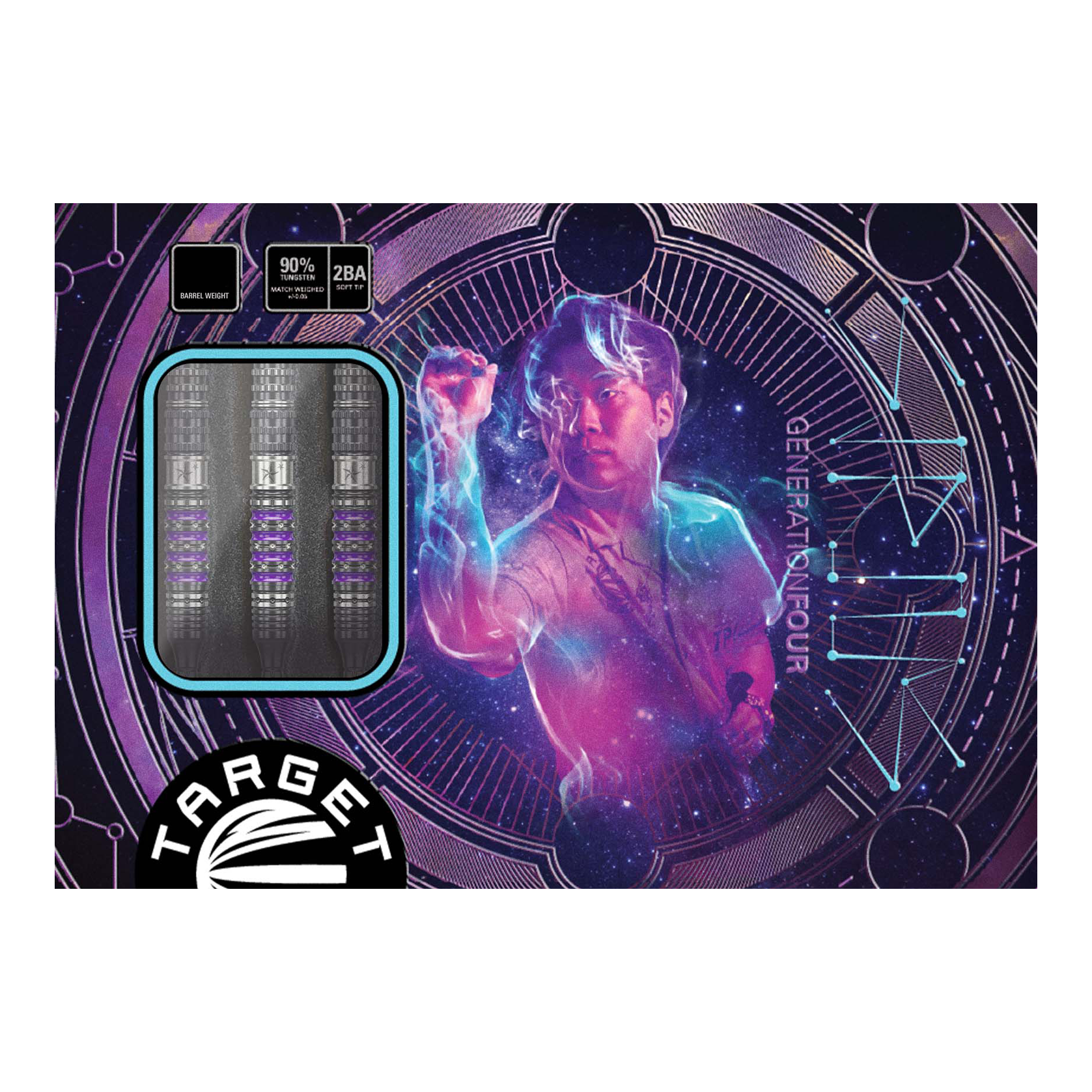 Měkké šipky Target Japan Prime Series Sirius GEN4 - 21,5 g Das Bild zeigt die Verpackung der "Target Japan Prime Series Sirius GEN4 Softdarts - 21,5g". Auf der Verpackung ist ein futuristisches Design mit einem Spieler und drei sichtbaren Dartpfeilen abgebildet.