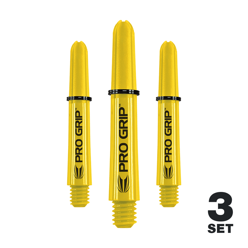 Auf dem Bild sind drei gelbe Dartschäfte mit der Aufschrift "PRO GRIP" zu sehen. In der rechten unteren Ecke steht "3 SET".