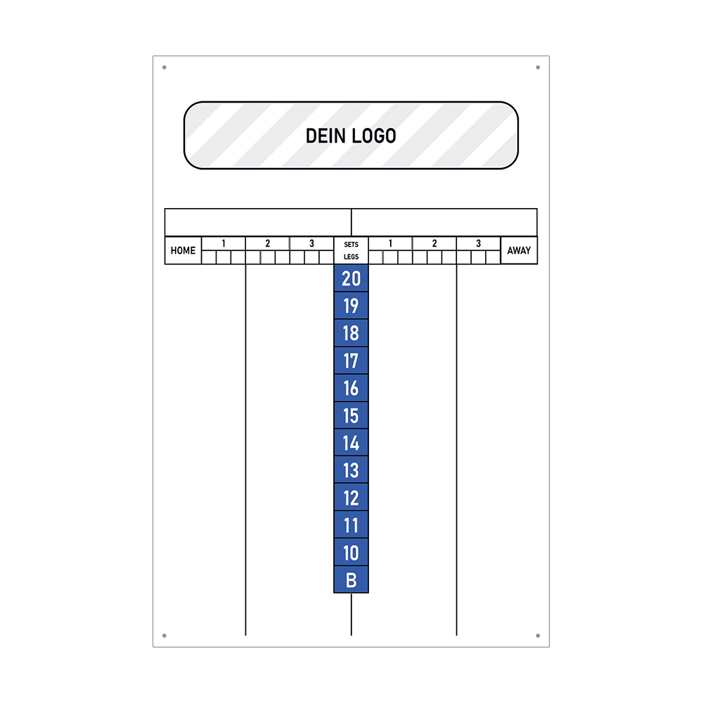 INSCORE2_Scoreboard_mit_Wunschdruck_40x60cm_Blau_2 Das Bild zeigt ein Dart Scoreboard mit blauen Zahlen von 20 bis 10 und einem Feld mit "B". Oben ist Platz für ein individuelles Logo, daneben befinden sich Felder zur Punktevergabe für Heim- und Auswärtsteams.