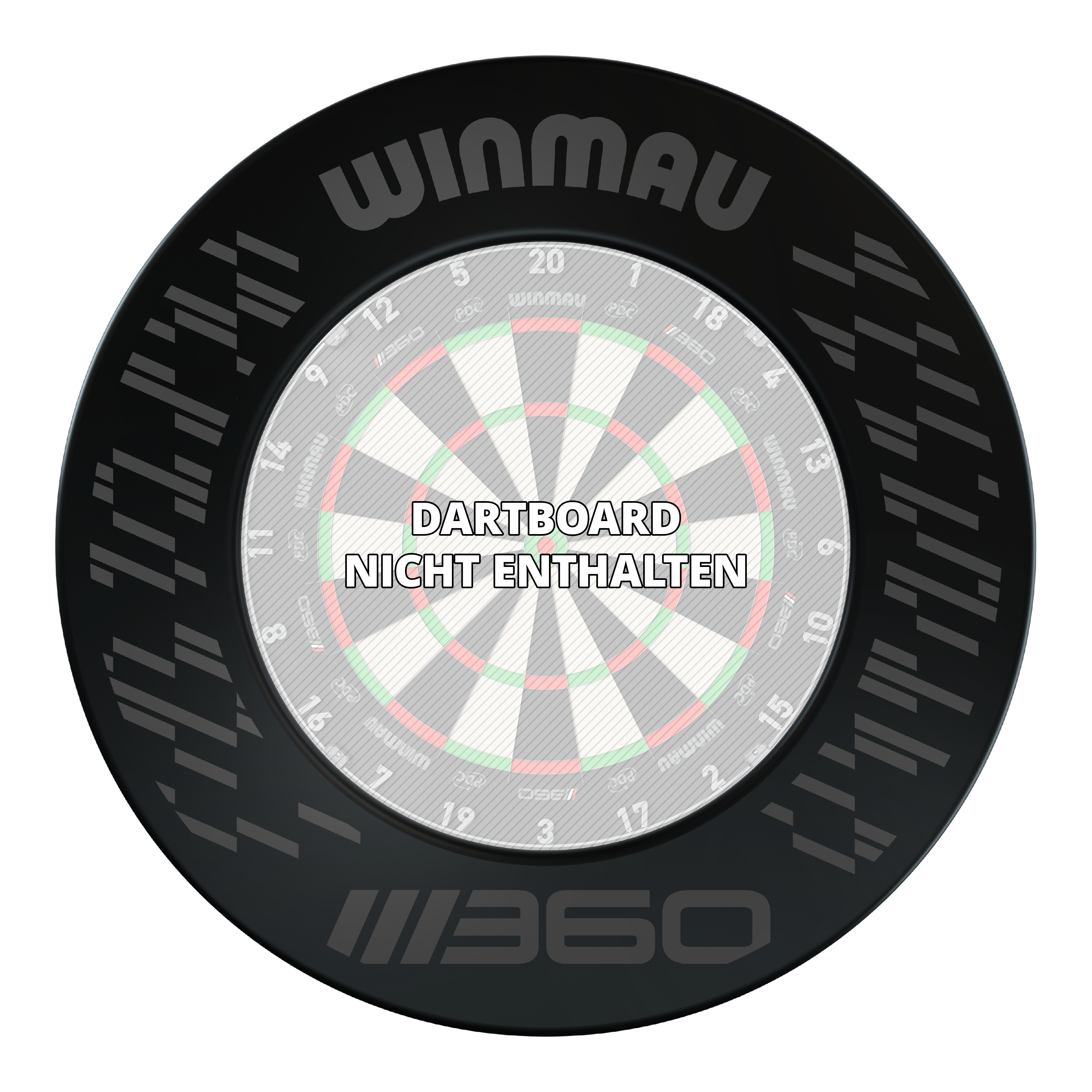 Abgebildet ist das Winmau Blade 360 Dartboard Surround in der Farbe Schwarz. Es schützt die Wand vor abprallenden Dartpfeilen.