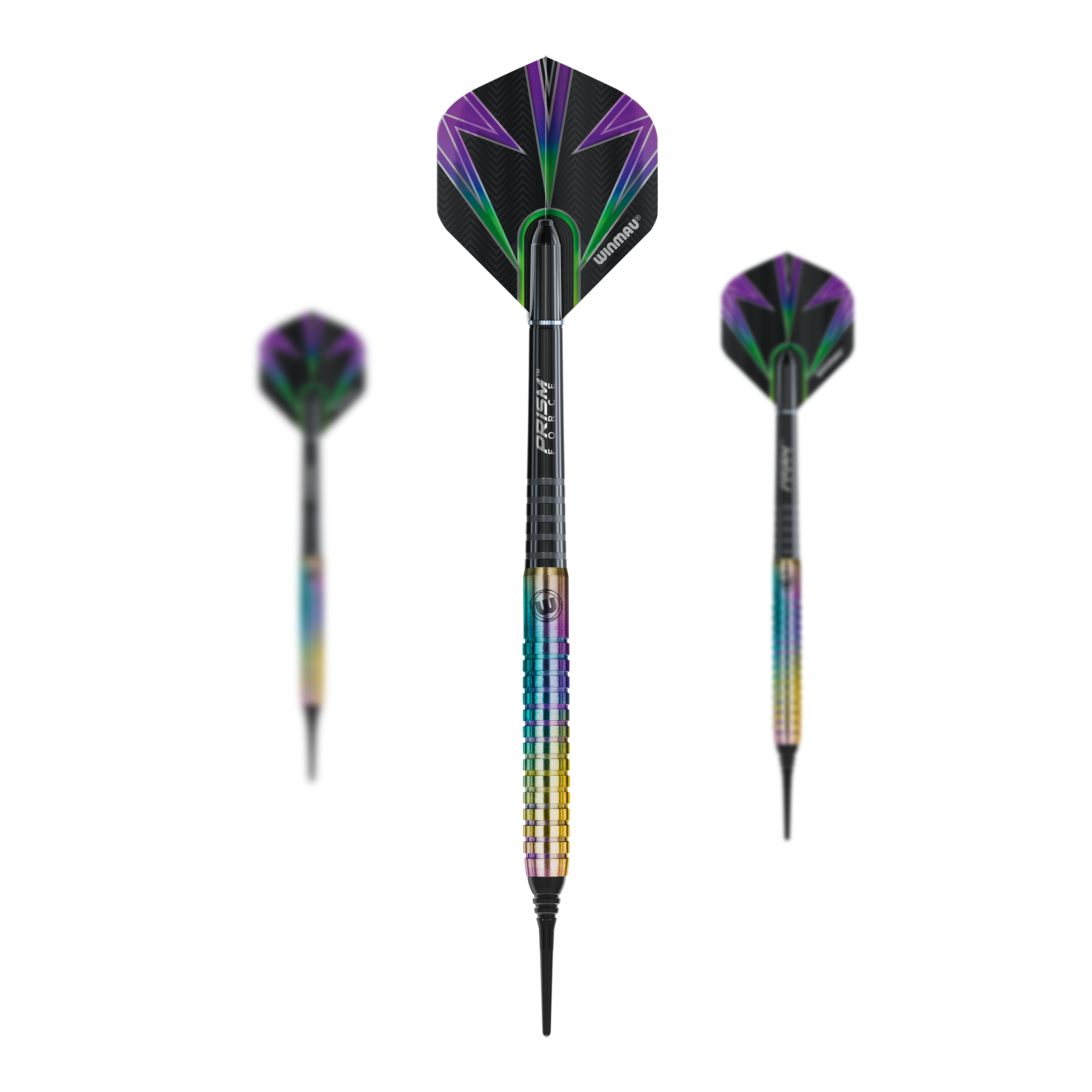 Šipky Winmau Foxfire Urban Soft - 20g Das Bild zeigt drei Winmau Foxfire Urban Softdarts mit einem Gewicht von 20g. Die Darts haben auffällige, bunte Flights mit lila und grünen Blitzmustern sowie einen metallisch schimmernden Griff.