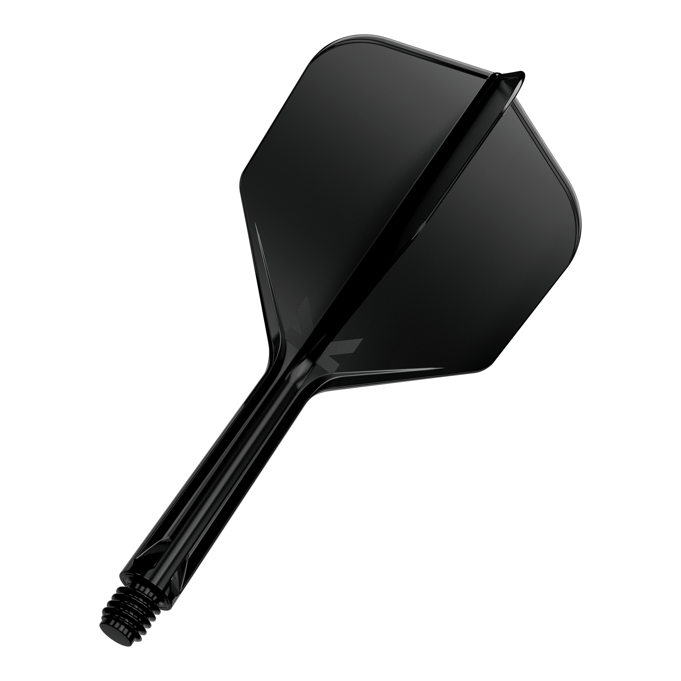 Letový systém Target K-Flex No6 - černý Das Bild zeigt einen schwarzen Dartflügel mit Schaft auf schwarzem Hintergrund. Der Schaft ist mit einem Gewinde versehen und die Oberfläche wirkt glänzend.
