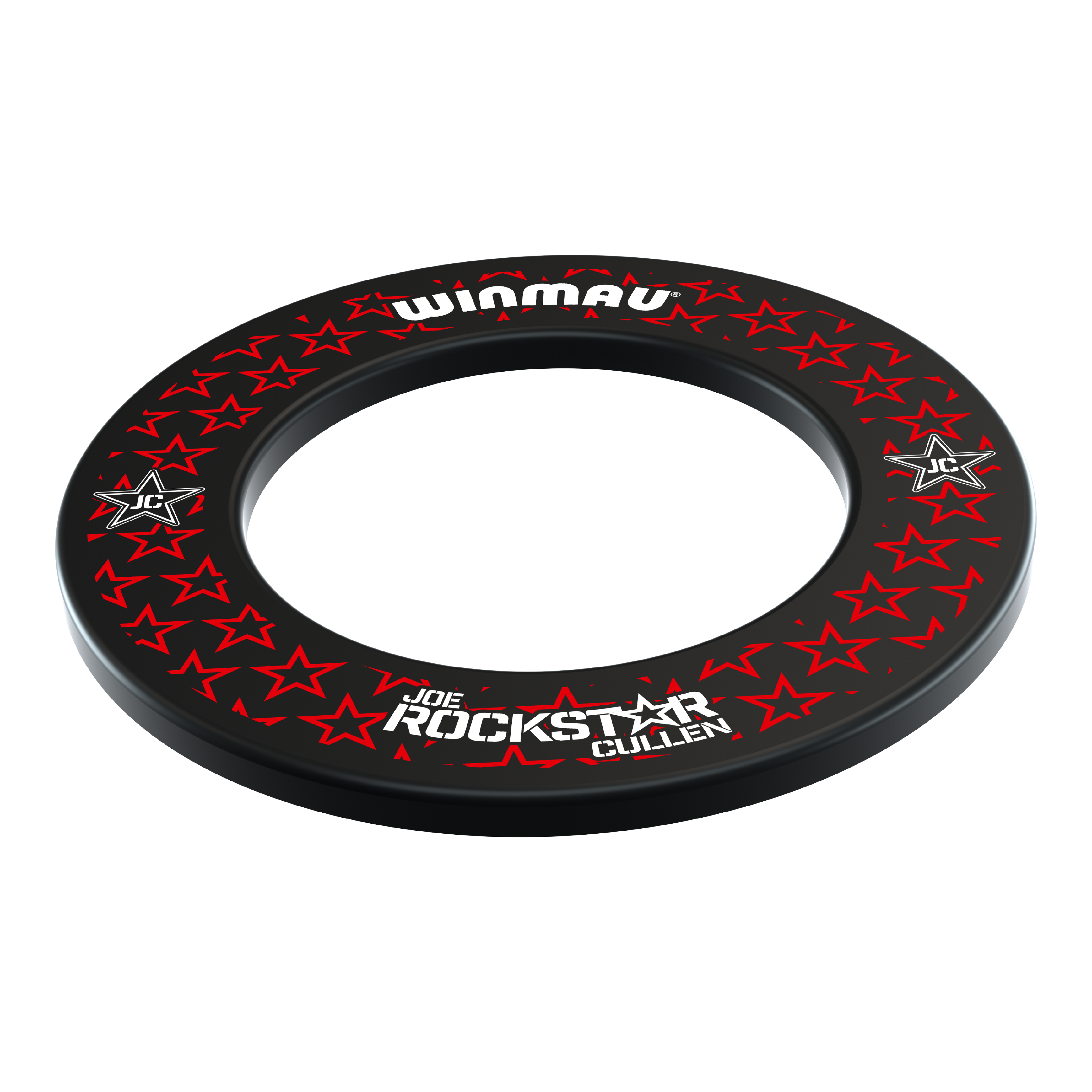 Winmau Joe Cullen Dartboard Surround Der Winmau Joe Cullen Dartboard Surround ist ein schwarzer Dartboard-Ring mit roten Sternmotiven. Auf dem Surround sind die Schriftzüge "WINMAU" und "Joe Rockstar Cullen" zu sehen.