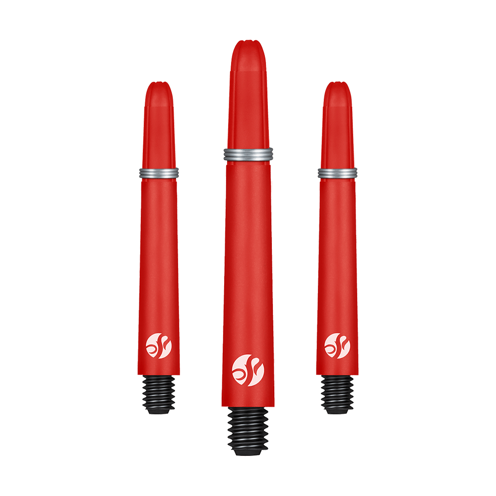 Karbonové násady Shot Koi - červené Das Bild zeigt drei rote Dartschäfte mit schwarzen Gewinden und silbernen Ringen. Alle drei Schäfte haben ein weißes Logo aufgedruckt.