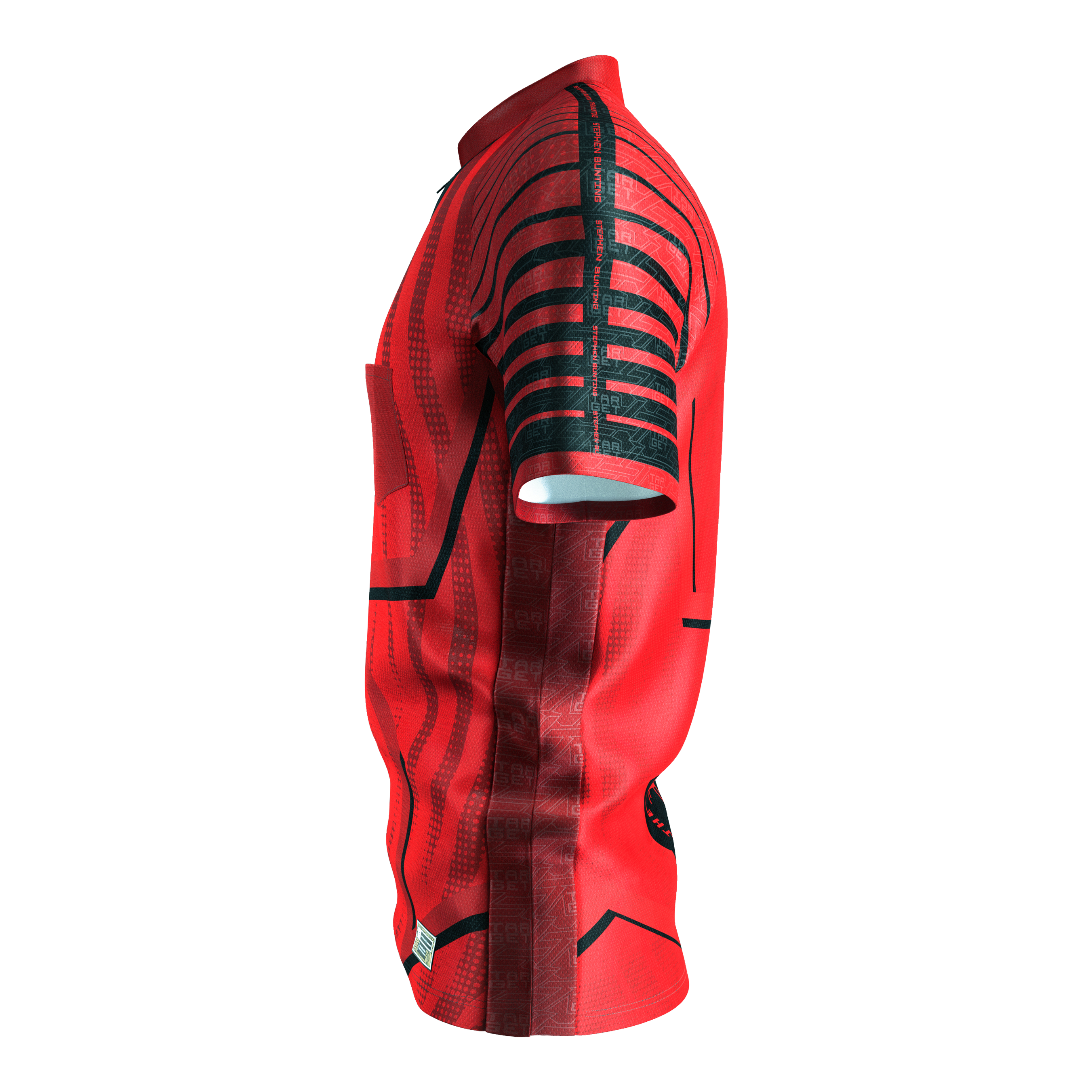 Tričko Target Coolplay Stephen Bunting 2025 s motivem šipky Das Bild zeigt ein rotes Dartshirt mit schwarzen Linienmustern auf Ärmel und Körper. Es handelt sich um das "Target Coolplay Stephen Bunting 2025 Dartshirt".