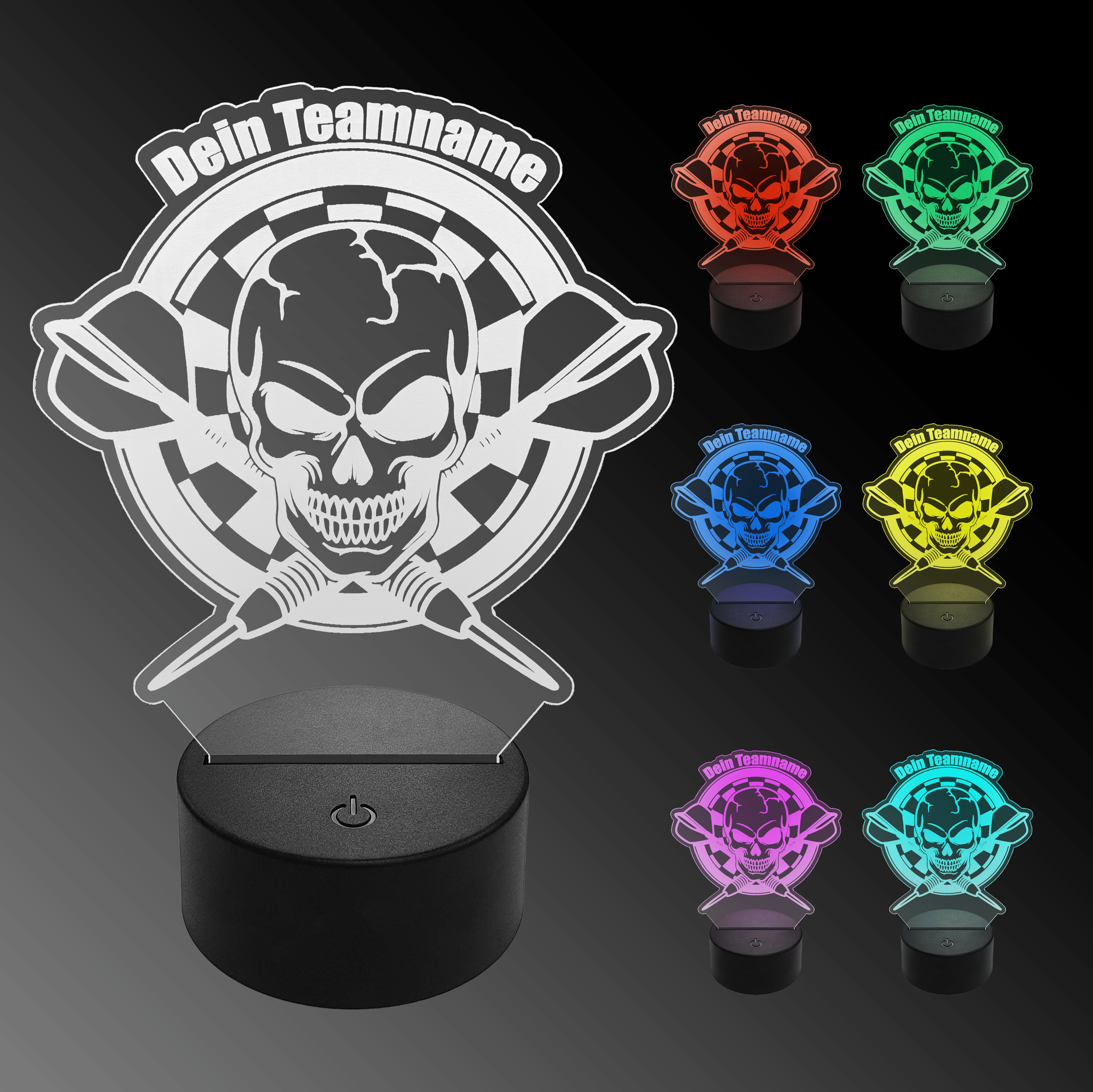 LED plexisklová šipková lampa s vlastním textem Das Bild zeigt eine LED-Lampe in Form eines Plexiglas-Schildes mit einem Totenkopf und Dartpfeilen, auf dem „Dein Teamname“ steht. Rechts sind sechs weitere Varianten der Lampe in verschiedenen Farben zu sehen.