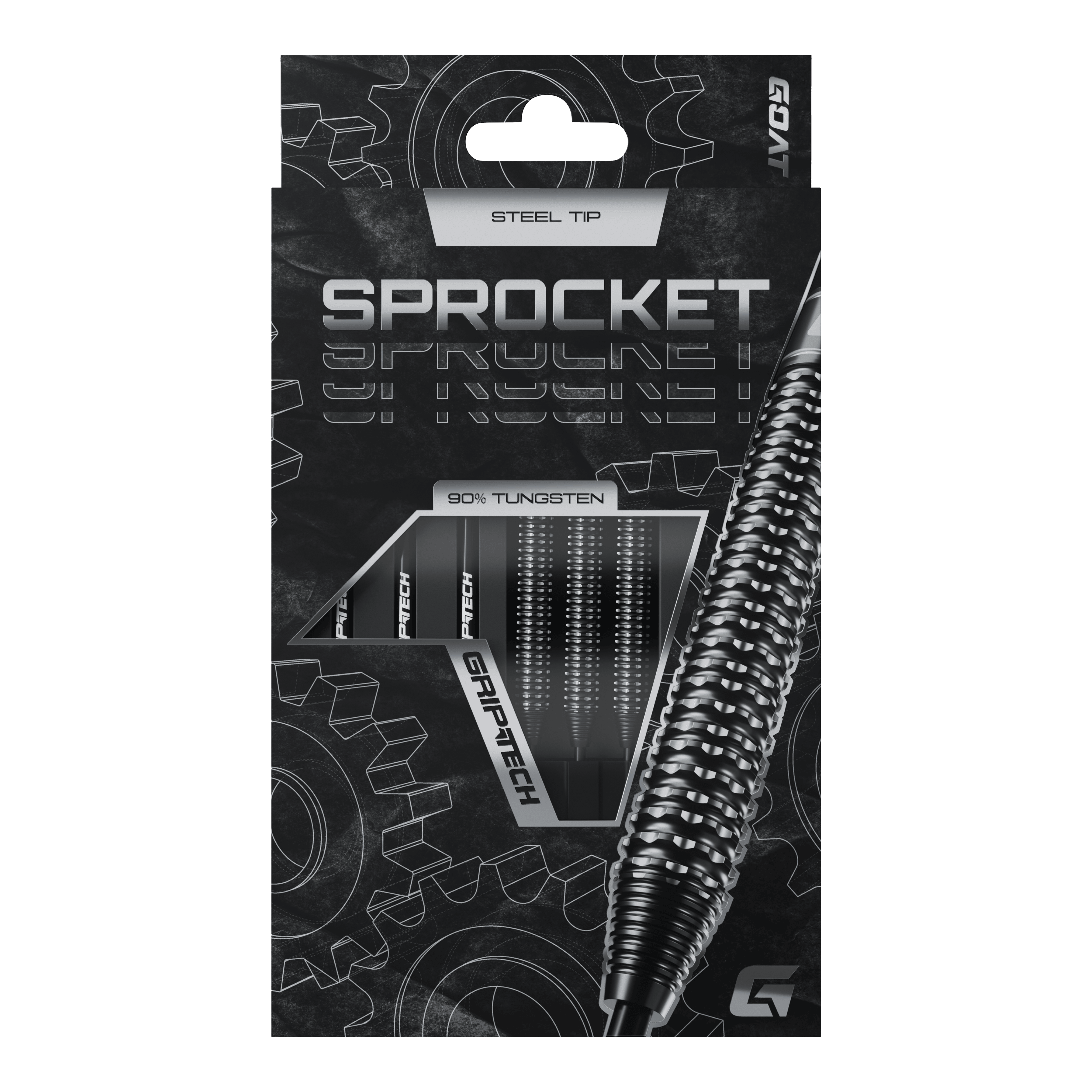 Šipky GOAT Sprocket z wolframové oceli Die Abbildung zeigt die Verpackung der GOAT Sprocket Tungsten Steeldarts. Auf der Packung sind die Eigenschaften wie "Steel Tip" und "90% Tungsten" deutlich hervorgehoben.