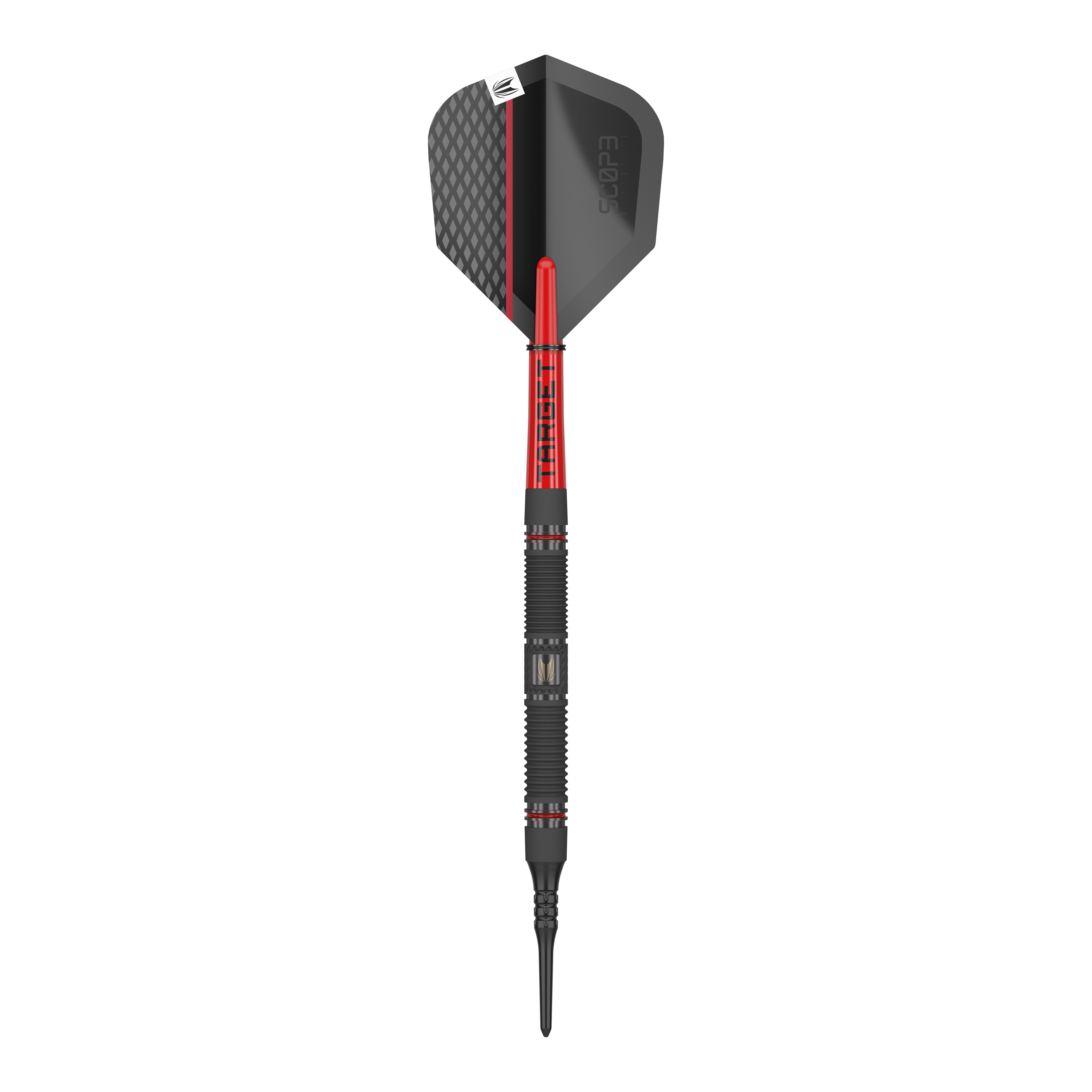 Target Scope 10 měkkých šipek Das Bild zeigt einen Target Scope 10 Softdart. Der Dartpfeil hat ein schwarzes und rotes Design mit einer strukturierten Spitze und einer schwarzen Flight.