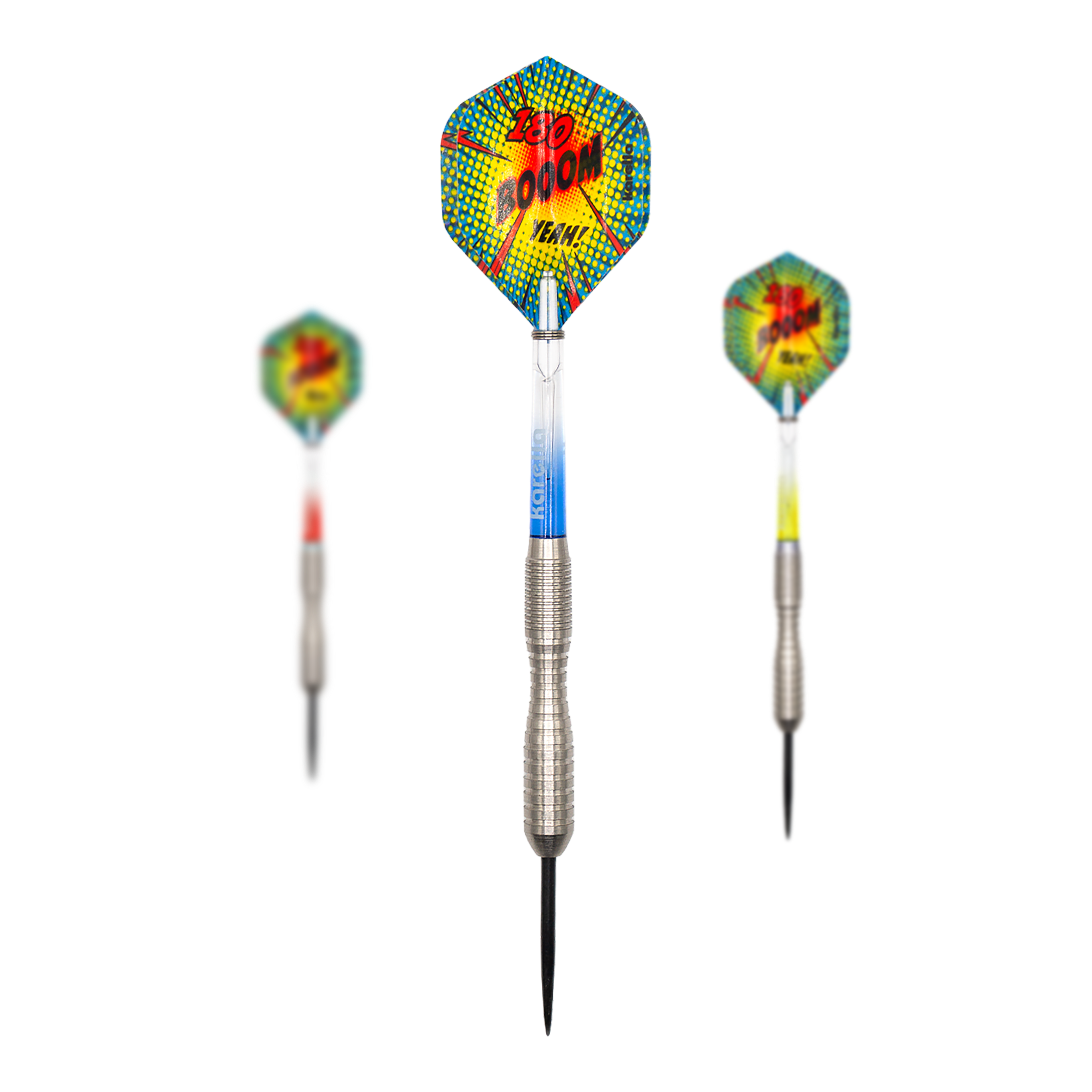 Dieses Bild zeigt ein Set der Karella Comic Line CL-3 Steeldarts mit 24 Gramm Gewicht. Das Set eignet sich ideal für Präzisionswürfe.