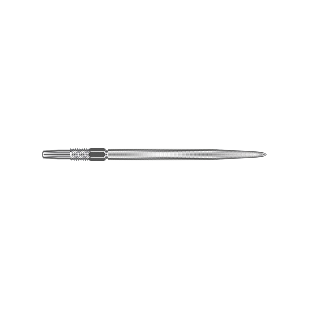Cílové hroty Swiss Point Nano Dart - Stříbrné Dies ist eine silberne Dartspitze mit feiner Riffelung. Sie ist lang und schmal geformt und hat eine glatte Spitze.
