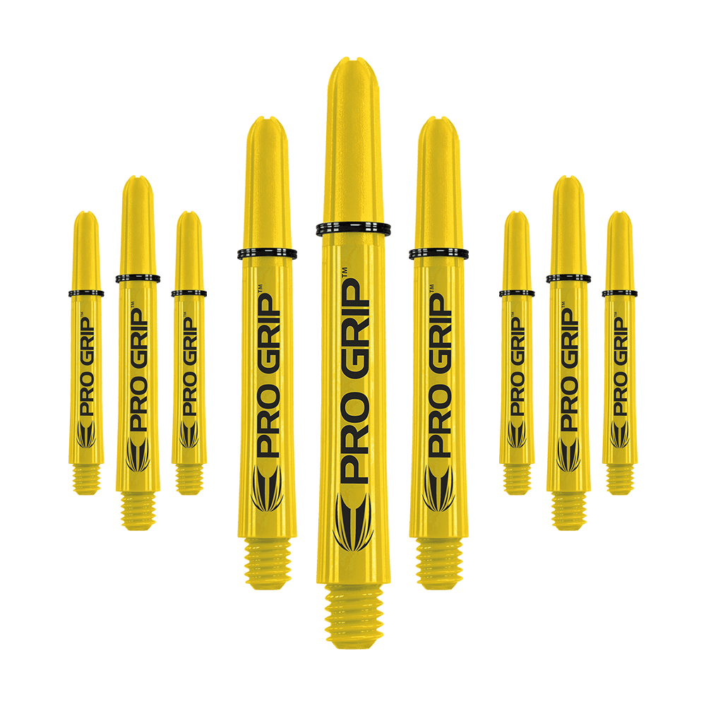 Target Pro Grip Shafts – 3 sady – žlutá Das Bild zeigt mehrere gelbe Dartschäfte mit der Aufschrift "PRO GRIP". Die Schäfte sind in einer Reihe angeordnet und haben ein einheitliches Design.