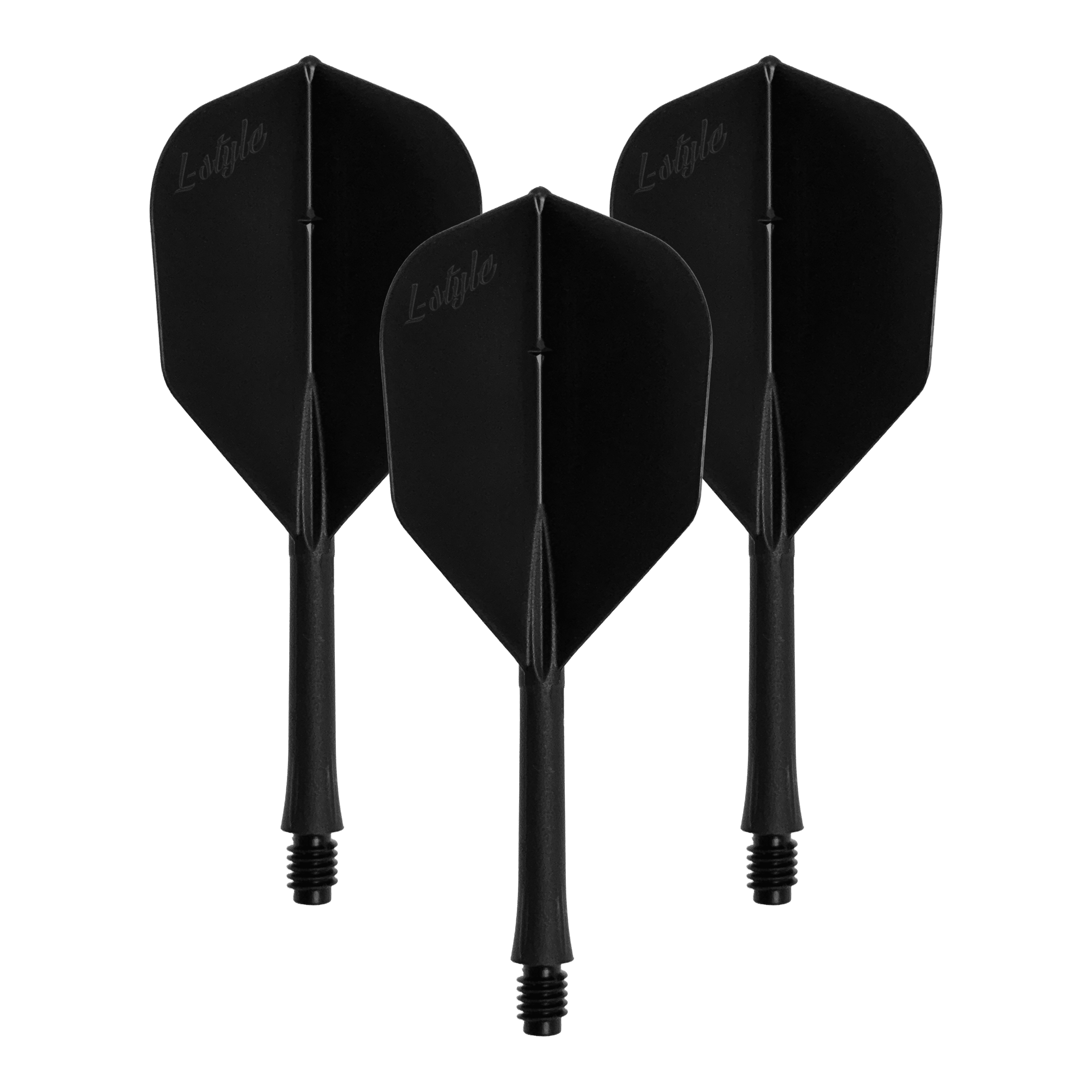 Das Bild zeigt ein Set von schwarzen Dart-Flights. Die Datei heißt LSF-900_L-Style_BarFlight_Schwarz_1Set.