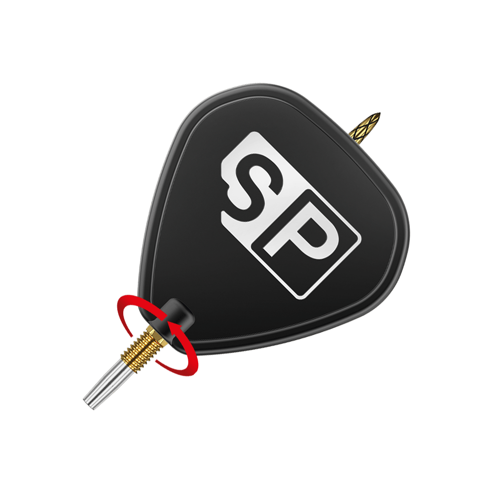 Target Swiss DS Surge Point Dart Tips – zlaté Das Bild zeigt eine schwarze Dartspitze mit der Aufschrift "SP" auf dem Flight. Ein roter Pfeil zeigt eine Drehbewegung an der goldenen Verschraubung der Spitze.