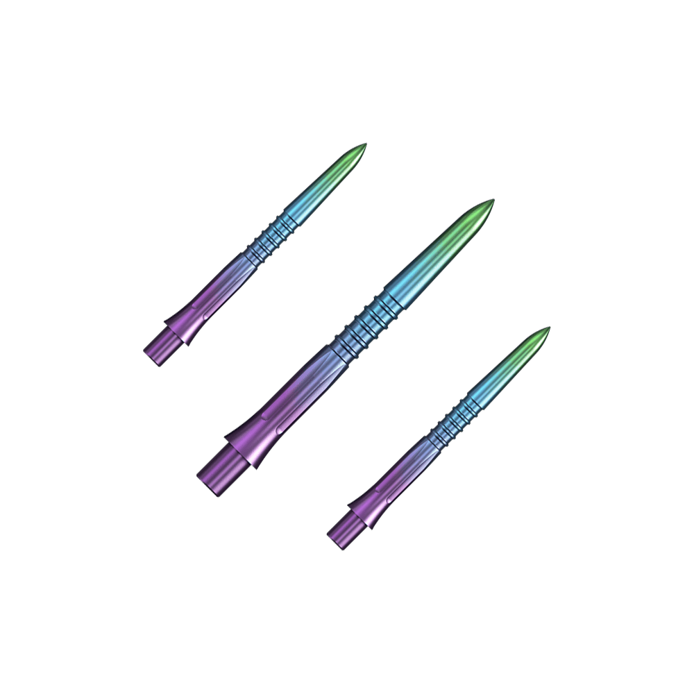 Špičky na šipky Mission Caliburn EVO GV1 - duhové Das Bild zeigt Steeldartspitzen in Regenbogenfarben mit einer Länge von 26 mm. Es handelt sich um ein Set namens Mission Caliburn EVO GV1.