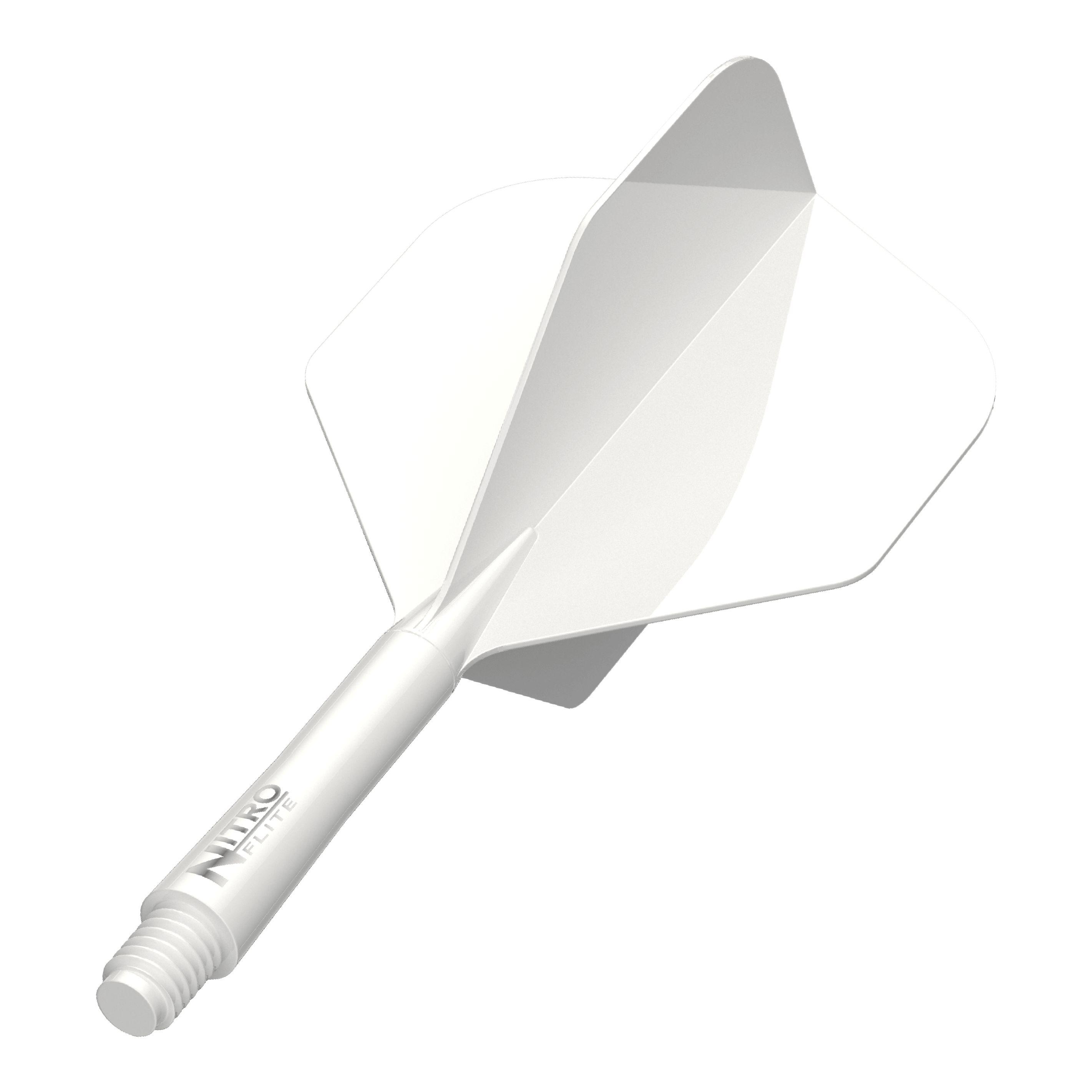 Red Dragon Nitroflite White Shaft White Flights No.2 Das Bild zeigt das Produkt Red Dragon Nitro Flite Solid White and White Intermediate. Ein weißer Dart-Schaft mit weißen Flights ist zu sehen.