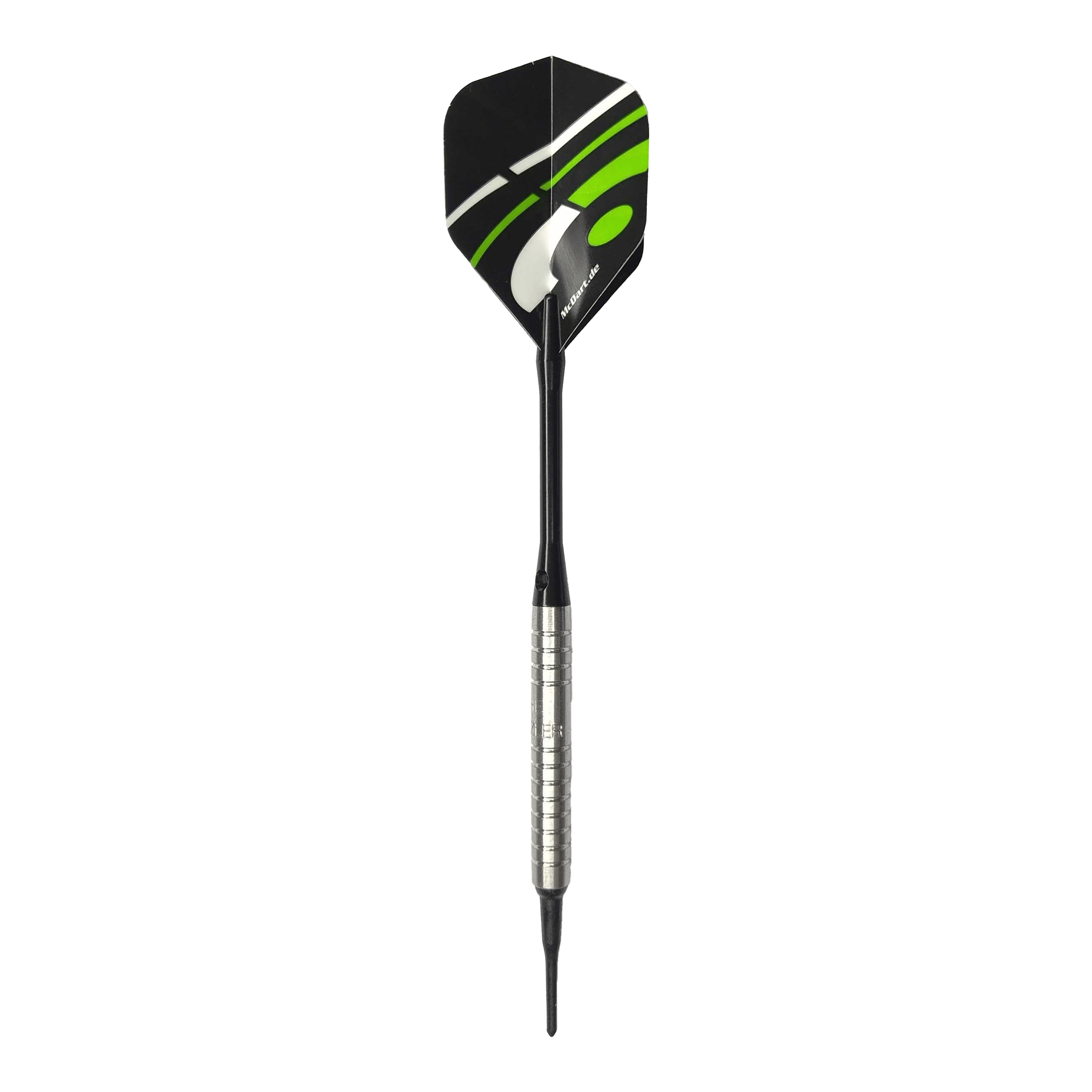 Měkké šipky McDart 85 Tungsten V16 - 16,5 g Das Bild zeigt einen McDart 85er Tungsten V16 Softdart mit einem Gewicht von 16,5g. Der Dart besitzt einen silbernen, gerillten Barrel und schwarze sowie grüne Akzente auf dem Flight.