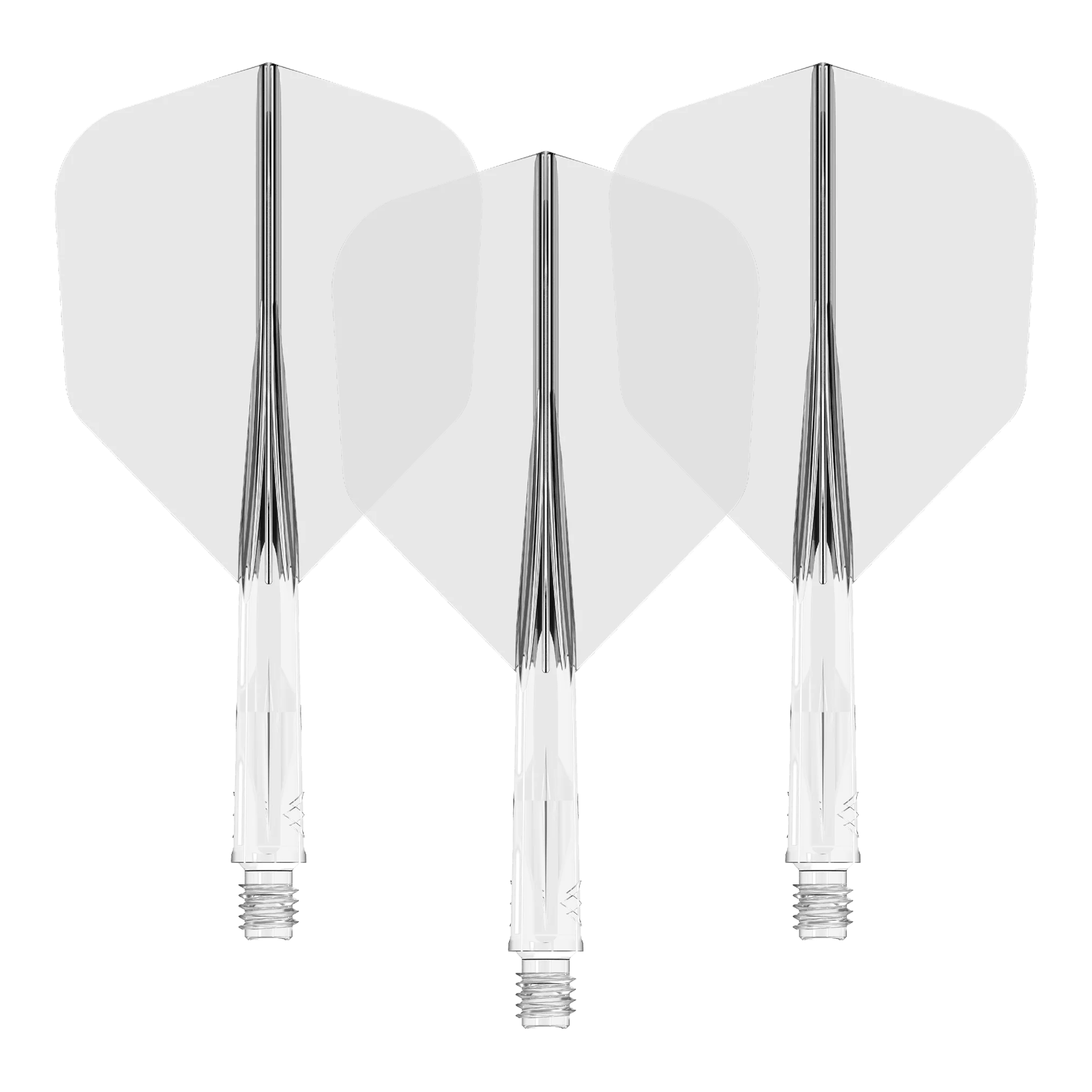 Auf dem Bild sind drei klare Dart-Flights mit passenden transparenten Schäften zu sehen. Sie sind nebeneinander angeordnet und zeigen eine einheitliche, schlichte Optik.