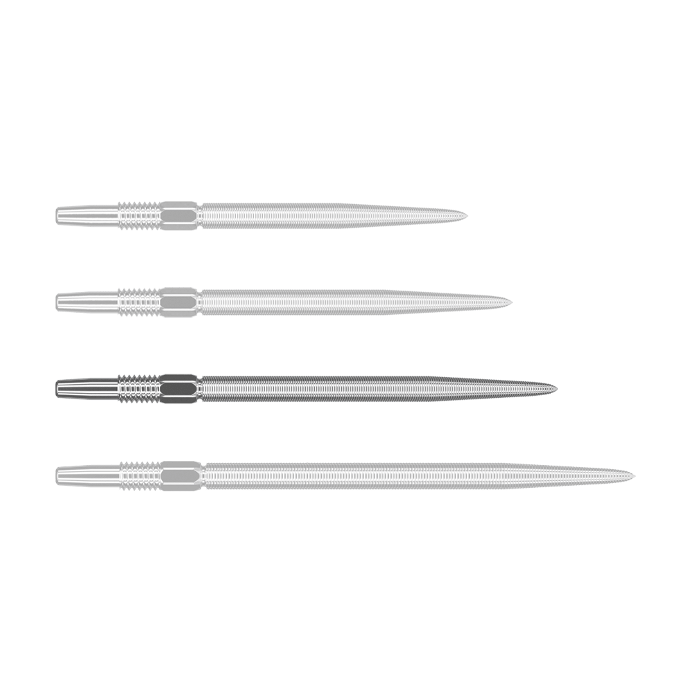 Cílové hroty Swiss Point Nano Dart - Stříbrné Auf dem Bild sind vier silberne Dartspitzen in einer Reihe zu sehen. Sie liegen nebeneinander und sind identisch in Form und Größe.