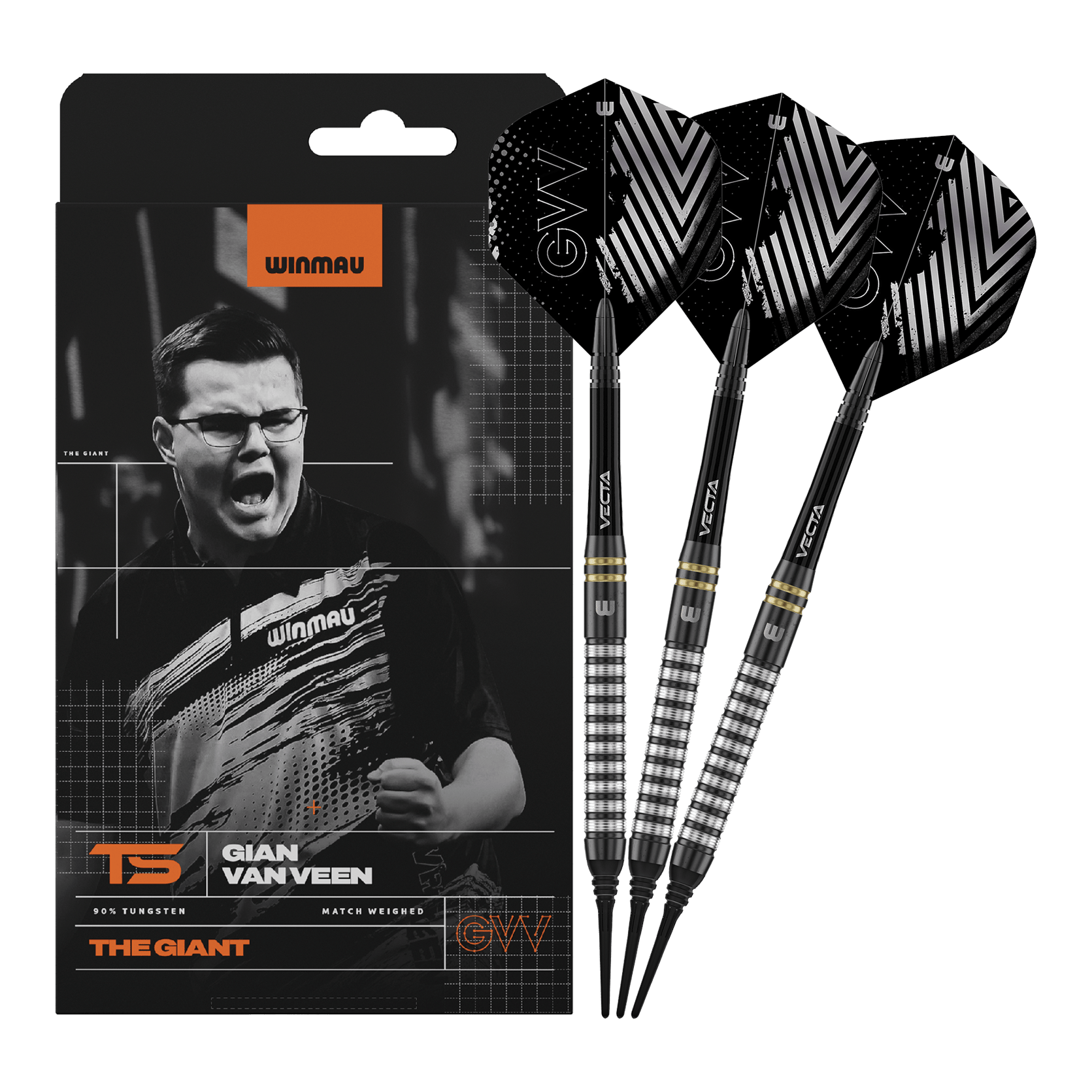 Winmau Gian Van Veen TS měkké šipky - 18g Winmau Gian Van Veen TS Softdarts mit 18g werden komplett dargestellt. Alle drei Darts sind zusammen zu sehen.
