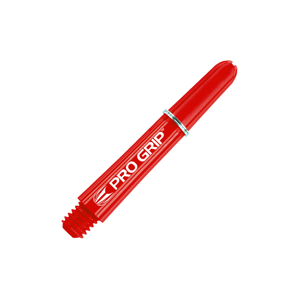 Target Pro Grip Shafts – 3 sady – červená Das Bild zeigt einen roten Dartshaft mit der Aufschrift „PRO GRIP“. Der Schaft hat einen silbernen Ring in der Mitte.