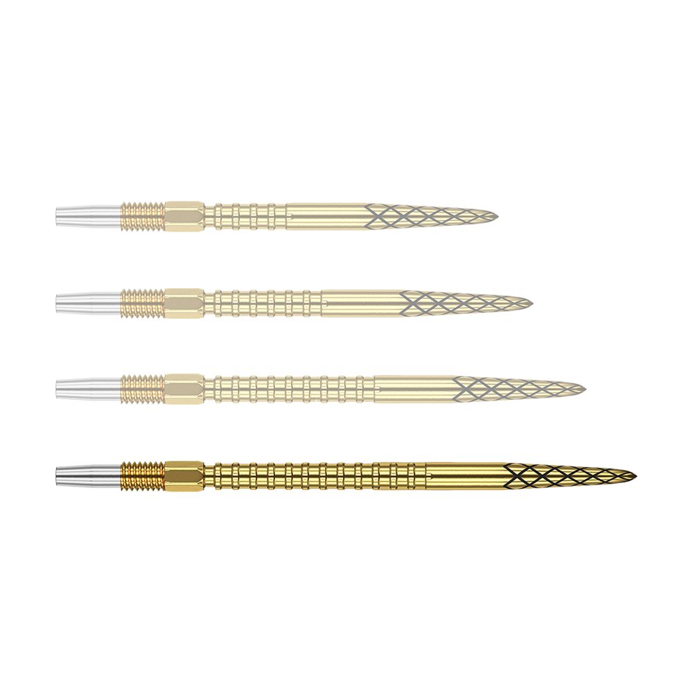Target Swiss DS Surge Point Dart Tips – zlaté Das Bild zeigt vier goldene Dartspitzen mit einem silbernen Gewinde. Die Spitzen haben ein schwarz eingraviertes Rautenmuster.