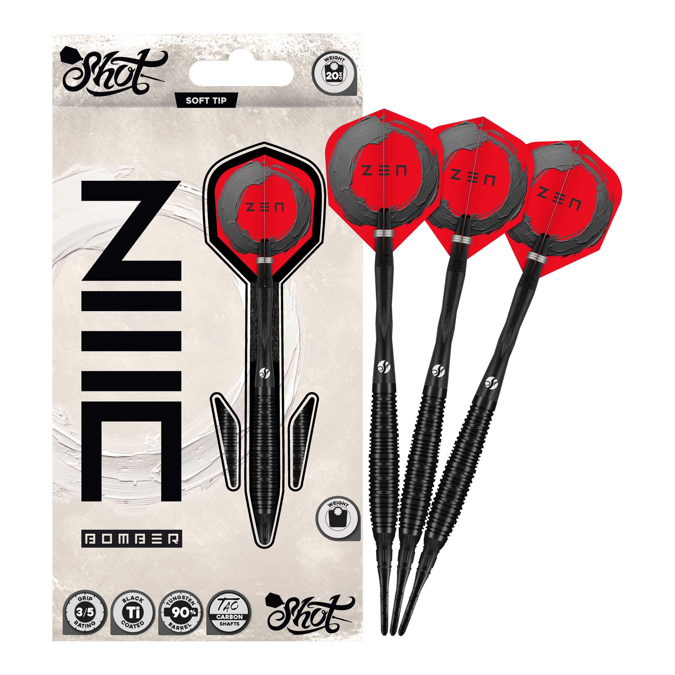 Měkké šipky Shot ZEN Bomber - 20g Zu sehen sind die Shot ZEN Bomber Softdarts - 20g. Sie zeichnen sich durch ihre spezielle Form und das ansprechende Aussehen aus.
