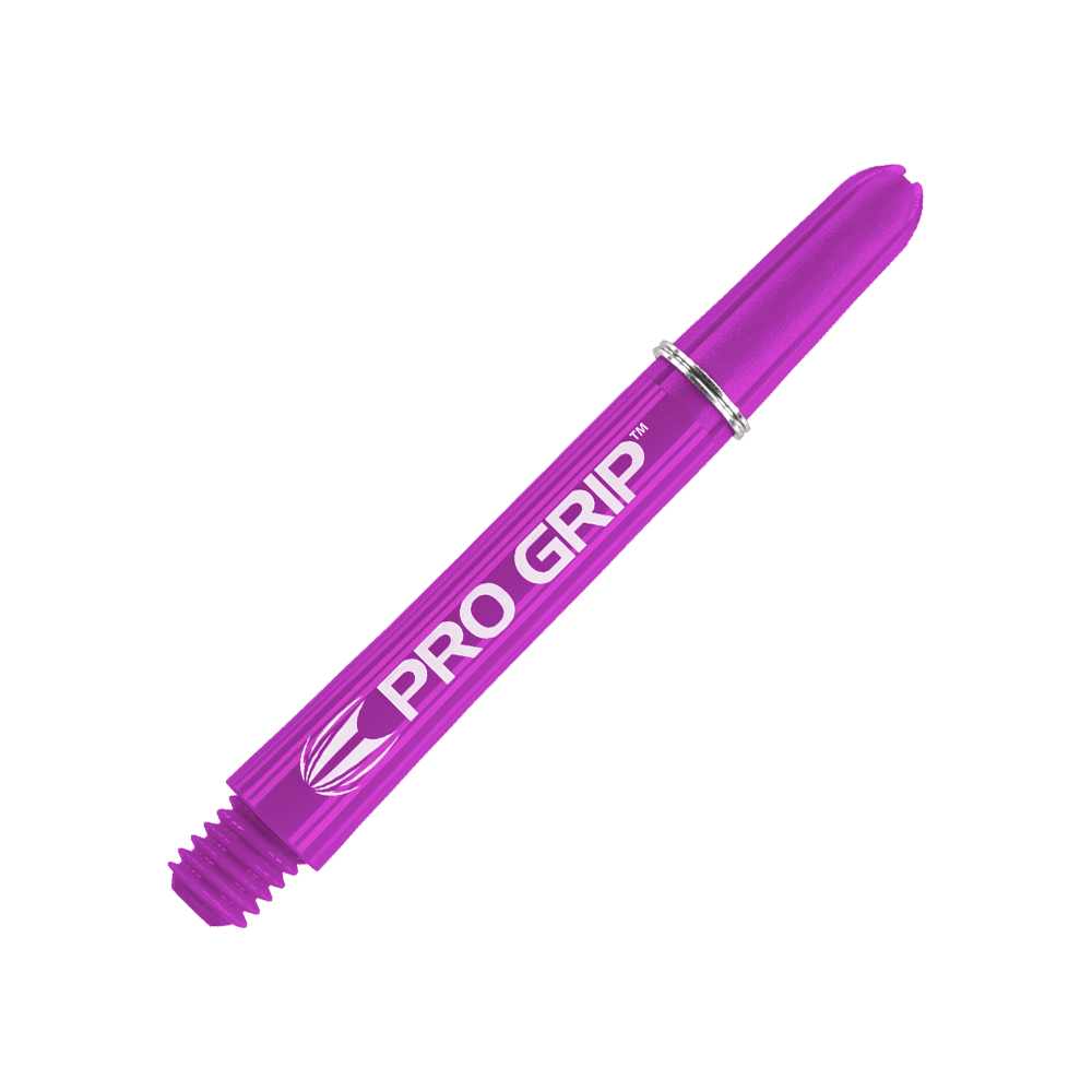 Das Bild zeigt einen lilafarbenen Dartshaft mit der Aufschrift "PRO GRIP". Der Shaft ist 41 mm lang und hat ein Schraubgewinde am Ende.