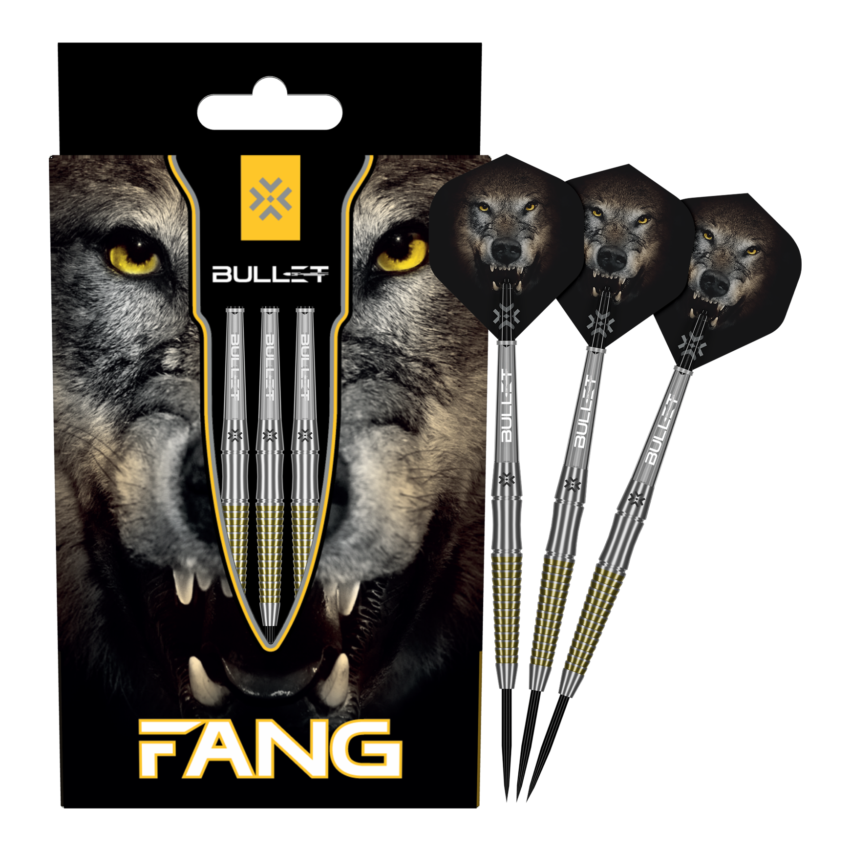 Ocelové šipky Bullet Fang Auf dem Bild sind die Bullet Fang Steeldarts komplett zu sehen. Die Steeldarts sind in voller Länge dargestellt.