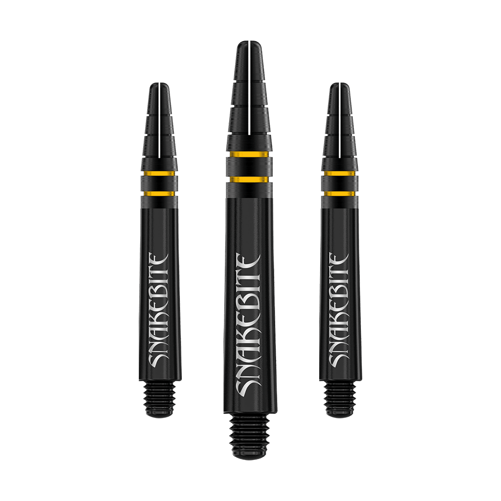 C722_Red_Dragon_Nitrotech_Peter_Wright_Black_Gold_Shafts_36mm_1 Das Bild zeigt drei schwarze Dartschäfte mit goldenen Ringen und der Aufschrift "SNAKEBITE". Die Schäfte sind das Modell "Red Dragon Nitrotech Peter Wright Shafts - Black Gold".