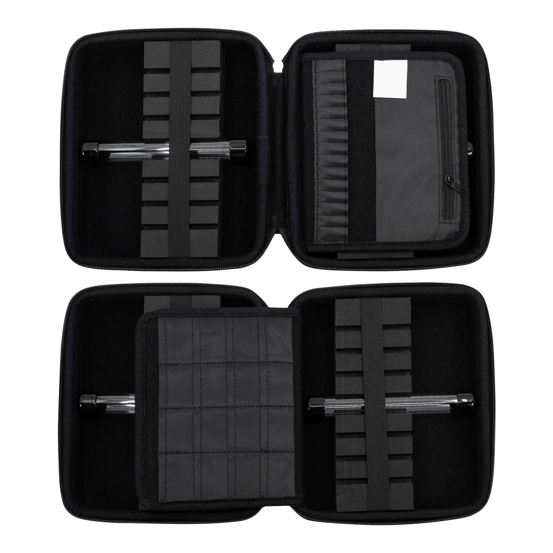 Peněženka GOAT Locker XXL Dart Das Bild zeigt das geöffnete GOAT Locker XXL Dartwallet mit mehreren Fächern und Halterungen für Dartzubehör. Die Darttasche ist schwarz und bietet viel Platz zur sicheren Aufbewahrung.