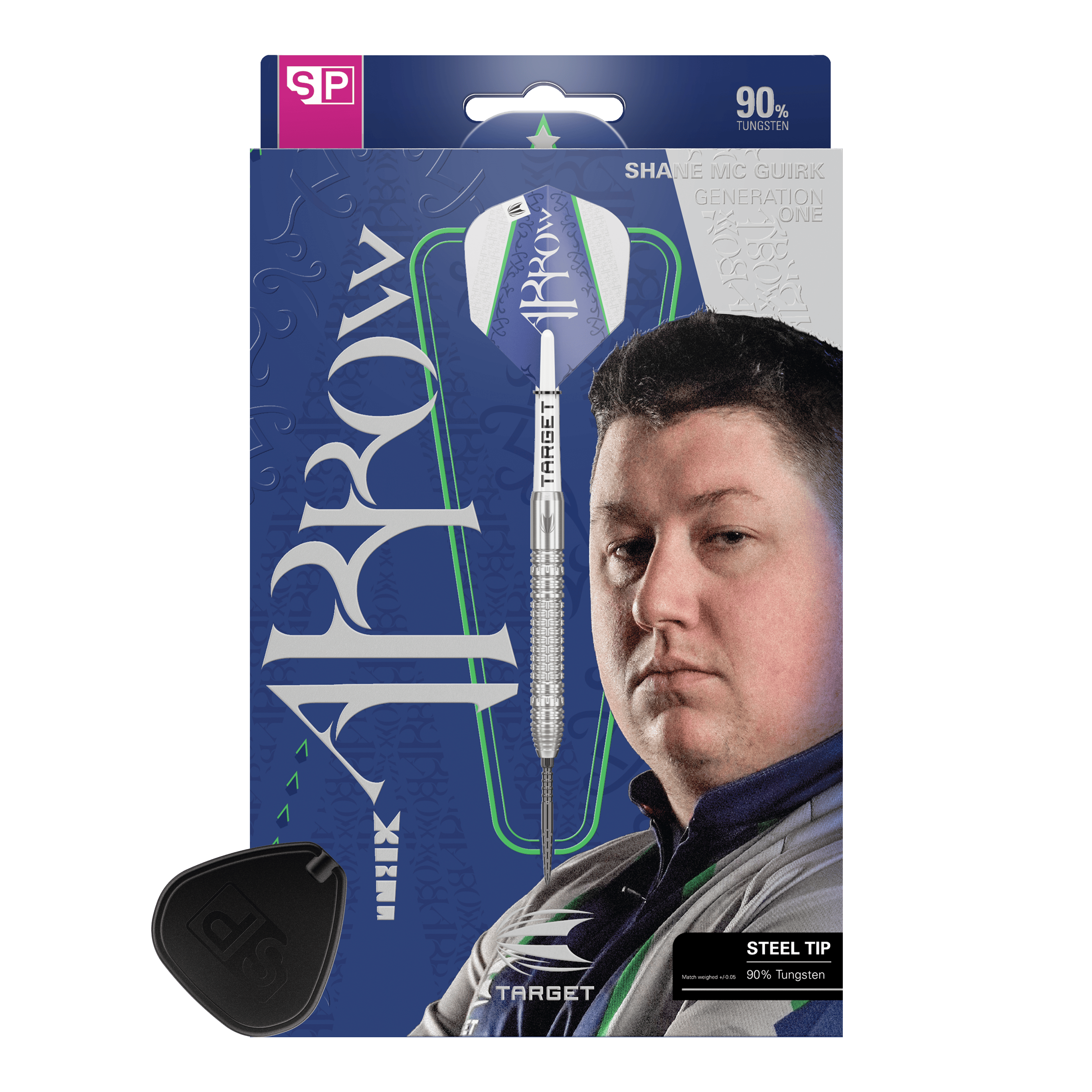 Ocelové šipky Target Shane McGuirk GEN1 Swiss Point - 23g Das Bild zeigt die Verpackung der "Target Shane McGuirk GEN1 Swiss Point Steeldarts - 23g". Auf der Verpackung ist ein Dartpfeil und das Porträt eines Mannes abgebildet.