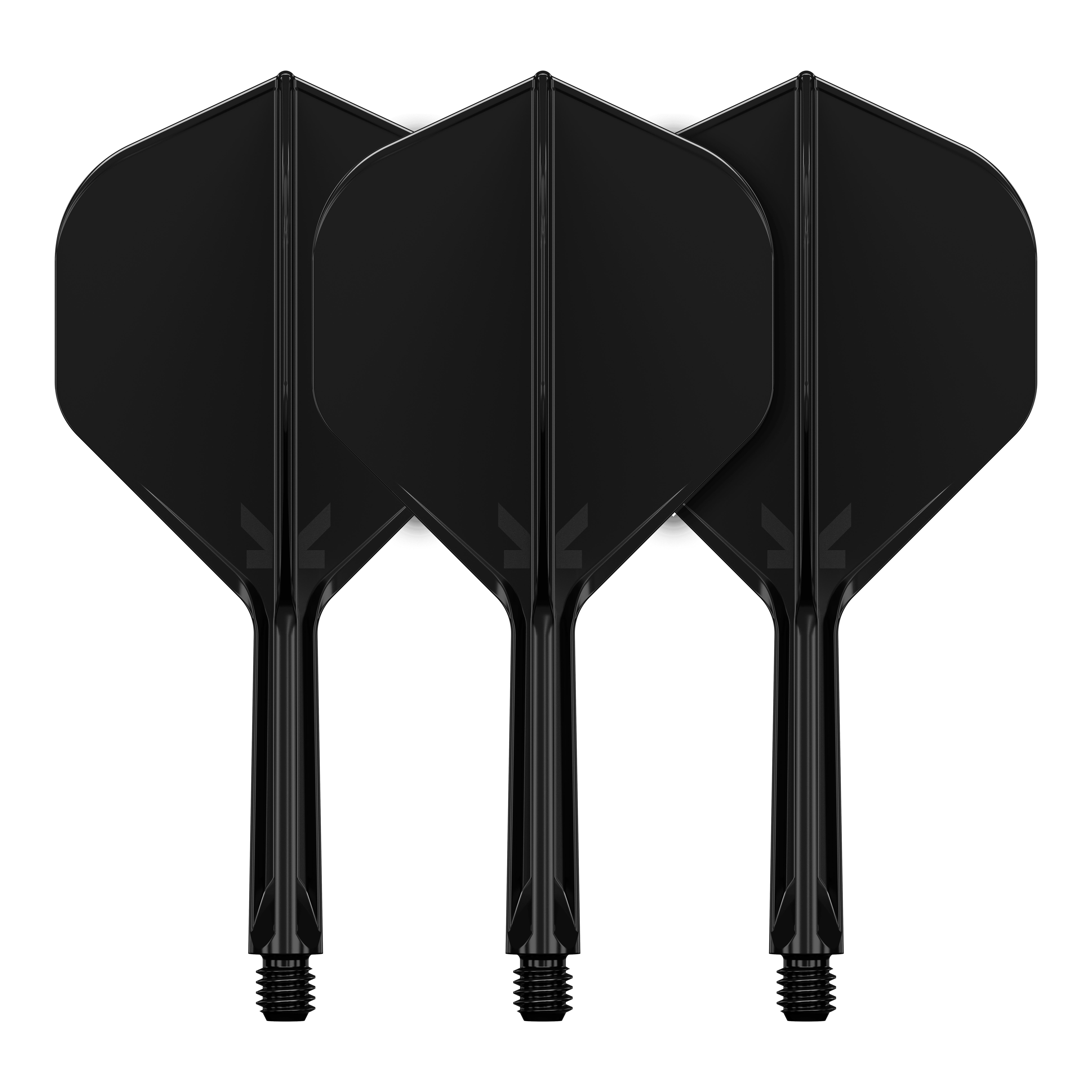Standardní letový systém Target K-Flex No2 - černý Das Bild zeigt drei schwarze Dartflights mit integrierten Schäften. Sie sind nebeneinander angeordnet und haben ein schlichtes, einfarbiges Design.