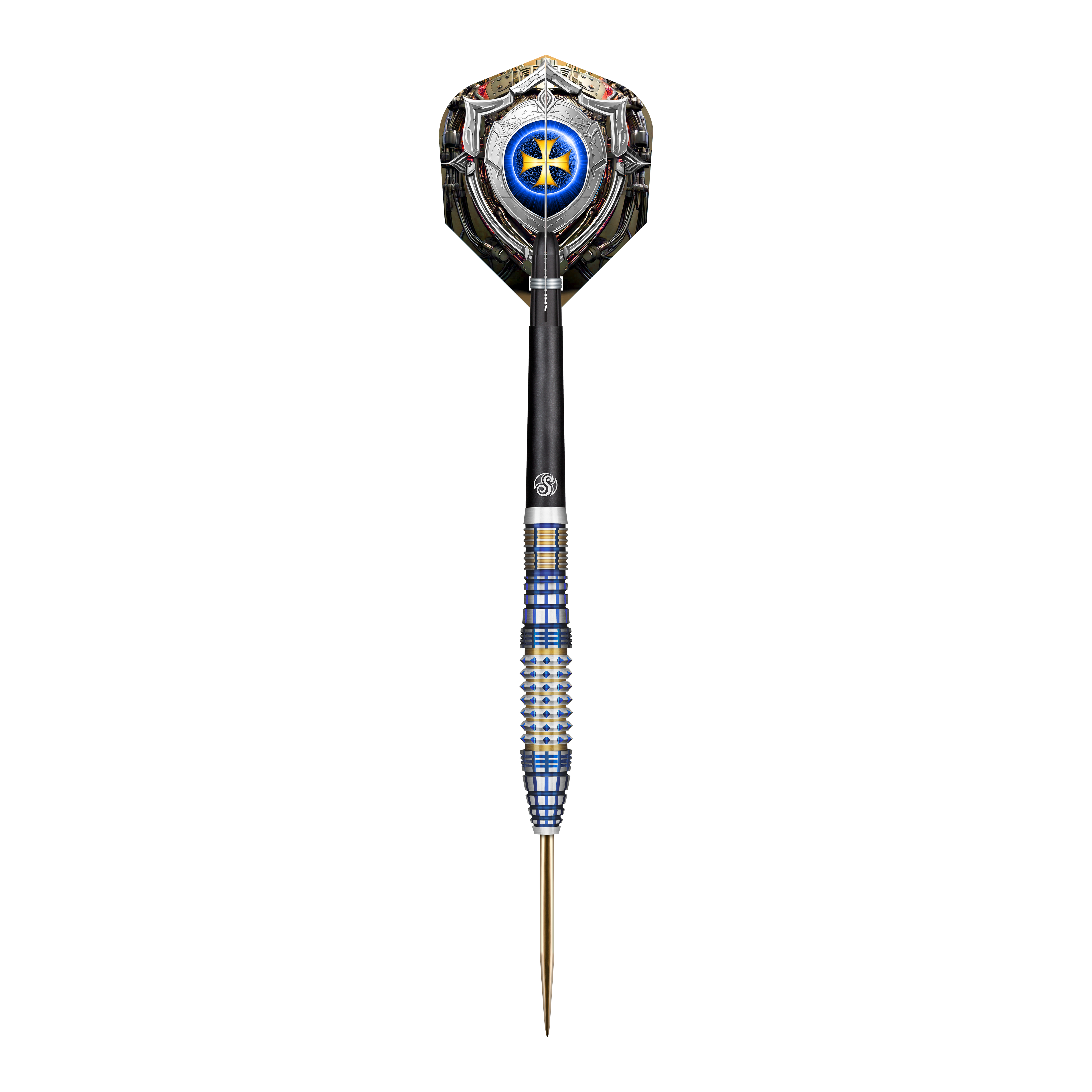 Das Bild zeigt einen Steeldartpfeil mit einem blauen und silbernen Design. Es handelt sich um das Produkt "Shot Future Knights Darkstar Steeldarts - 23g".