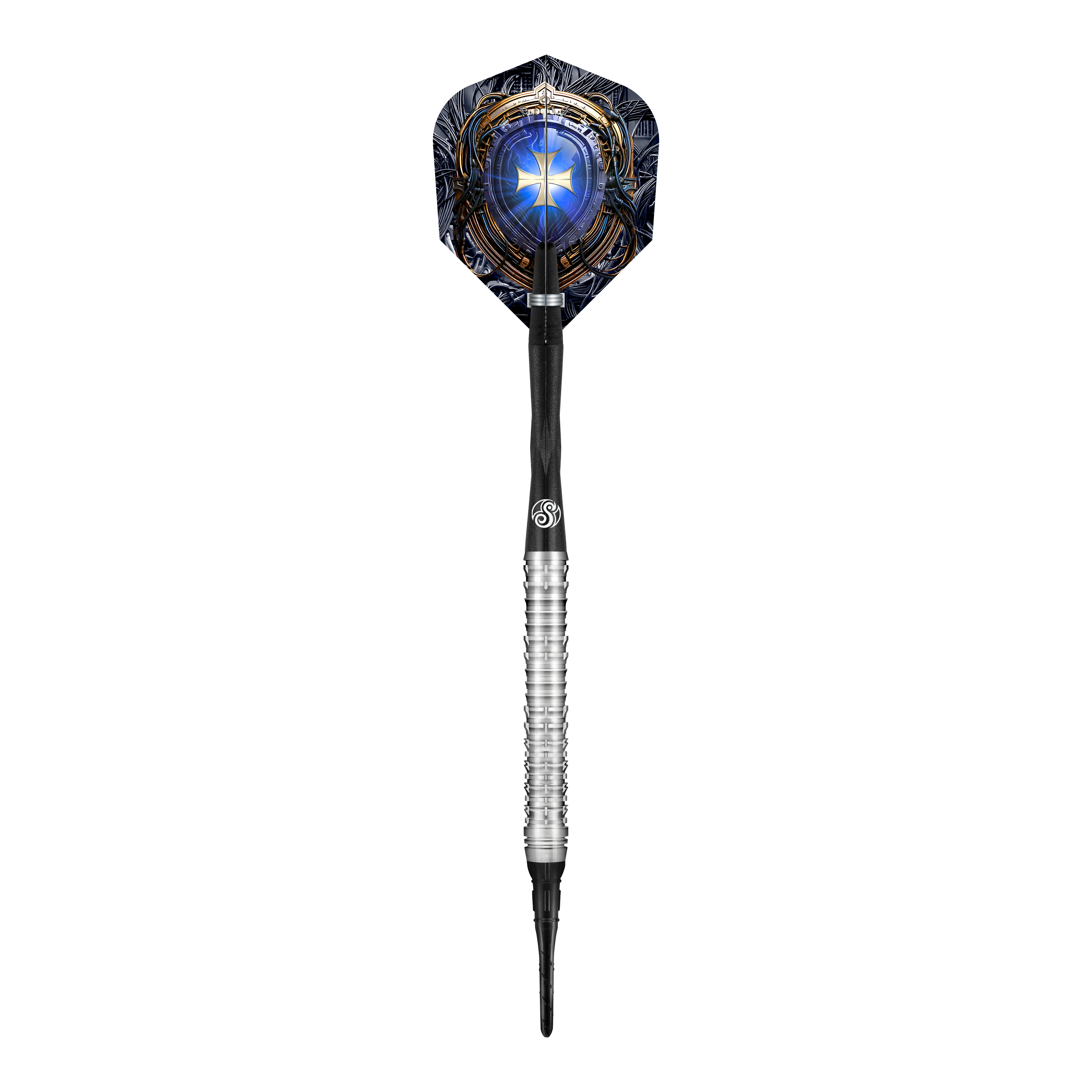 Das Bild zeigt einen Shot Future Knights Ironsoul Softdart mit einem Gewicht von 20g. Der Dart hat ein silbernes Griffstück und eine auffällige Flight-Grafik mit einem blauen, leuchtenden Motiv.
