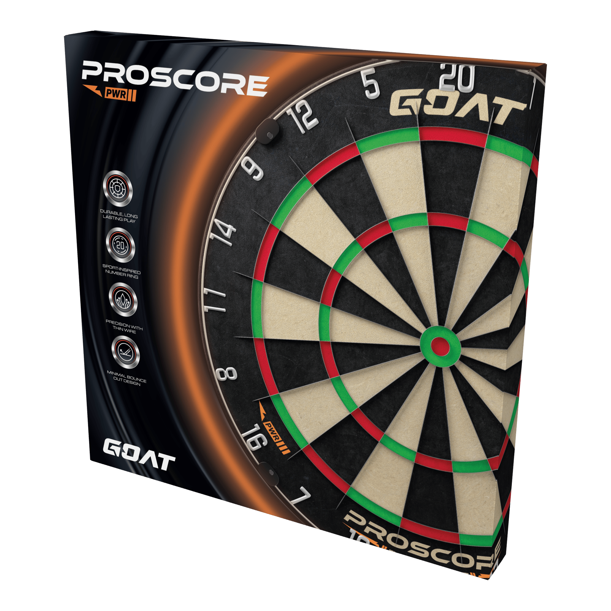 Ocelový terč GOAT Proscore PWR Die Abbildung zeigt das Produkt „GOAT Proscore PWR Steeldartboard“ in seiner Verpackung. Auf der Box sind das Dartboard und verschiedene Produkthighlights sichtbar.